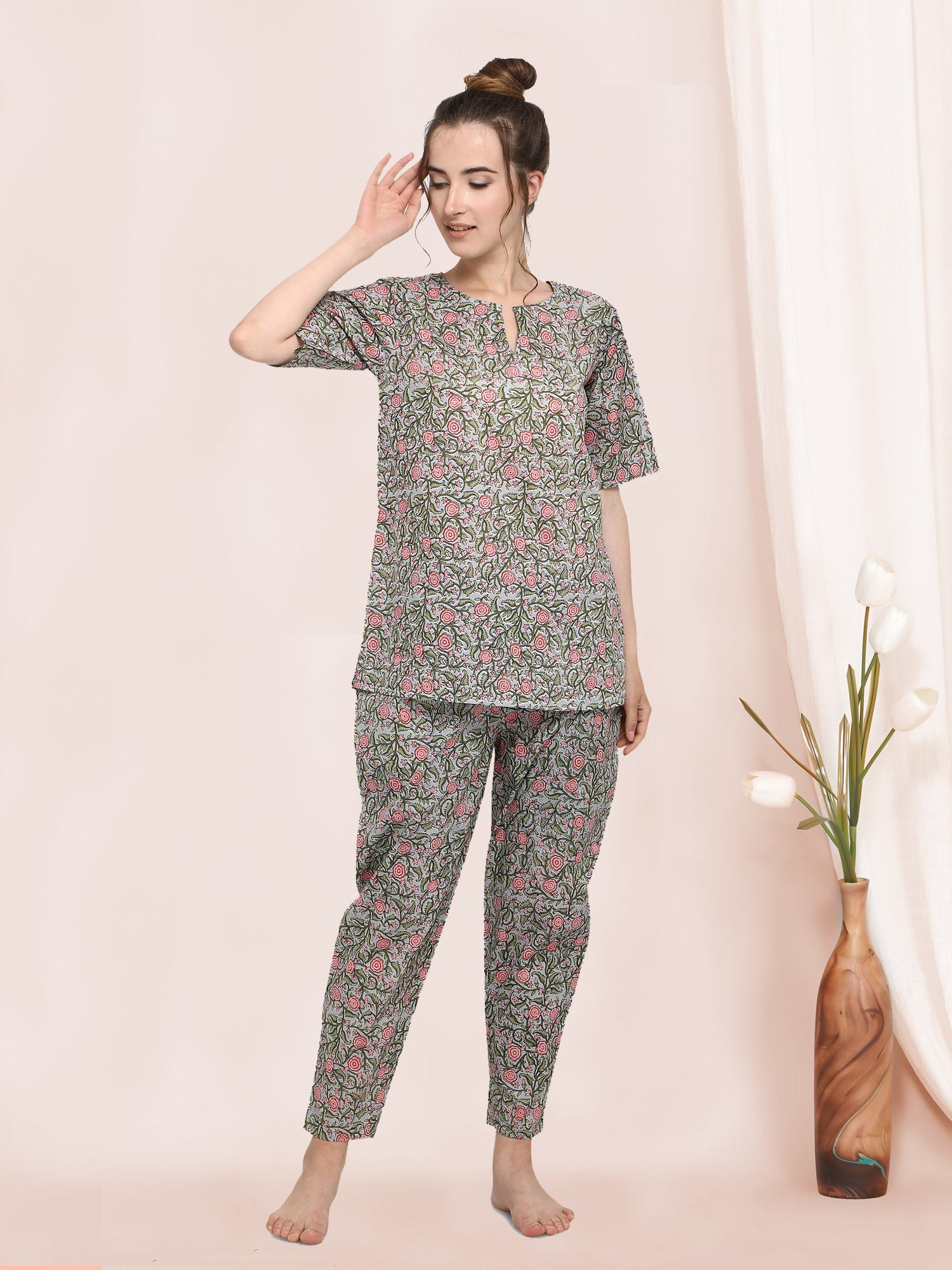 Women's Green Floral Sleepy BFF Cotton Pajama Set - MESMORA FASHION