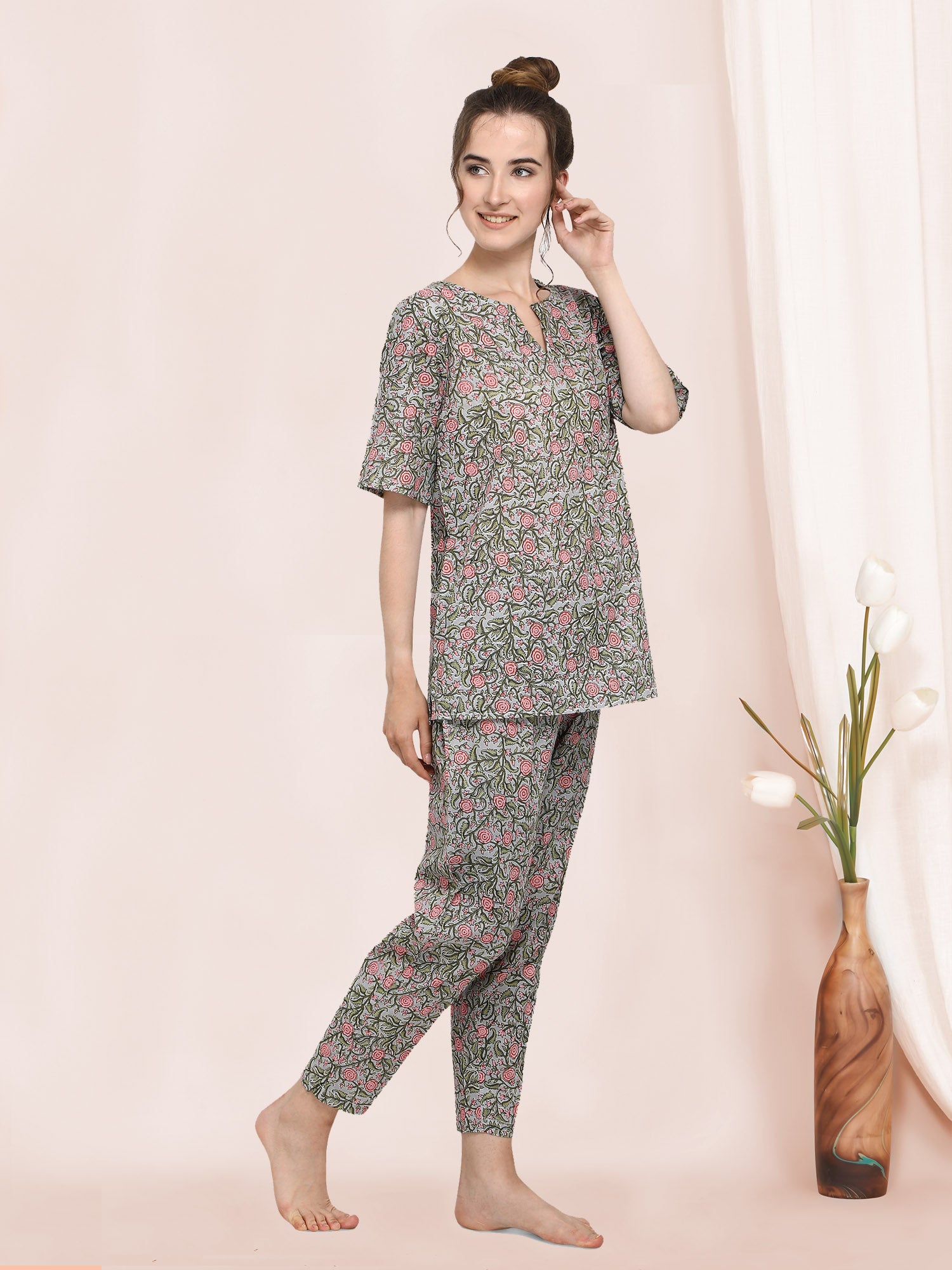 Women's Green Floral Sleepy BFF Cotton Pajama Set - MESMORA FASHION