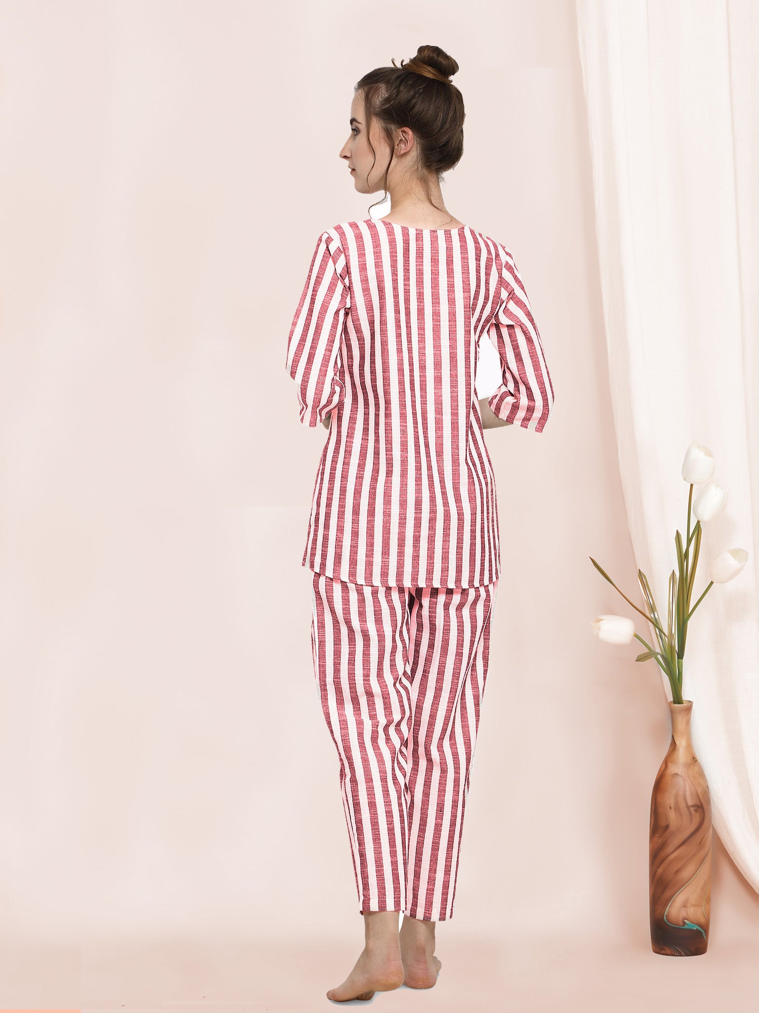 Women's Red Stripe Pure Linen Summer Pajama Set - MESMORA FASHION
