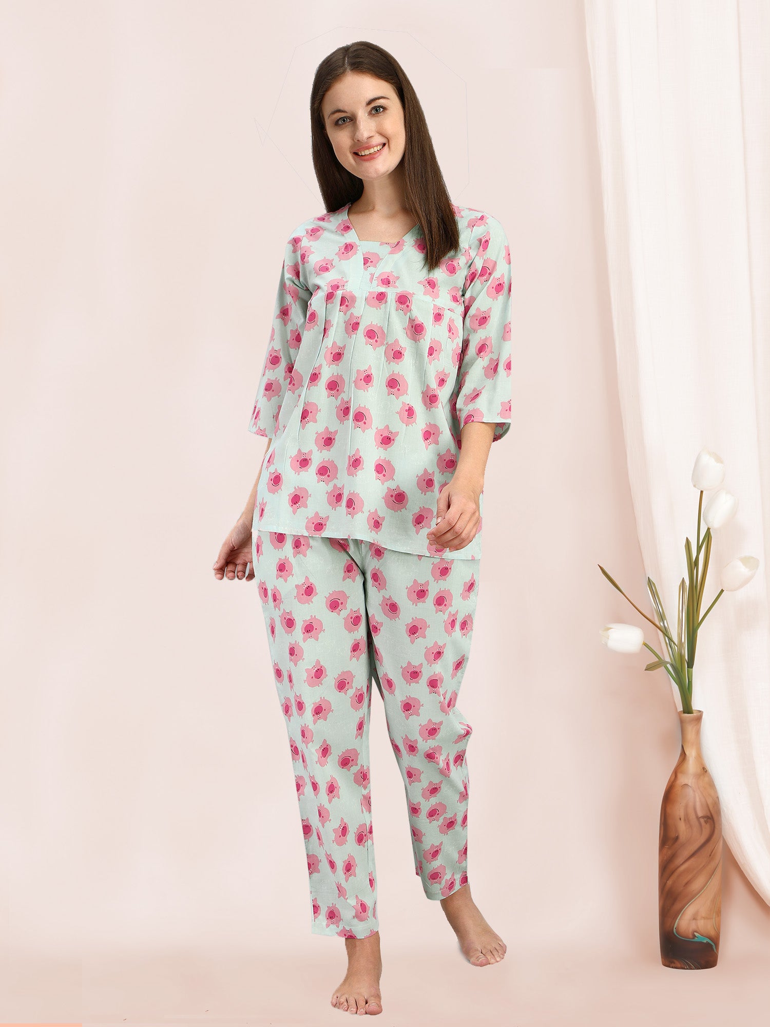 Women's Blue Panda Quirky Printed Cotton Pajama Set - MESMORA FASHION