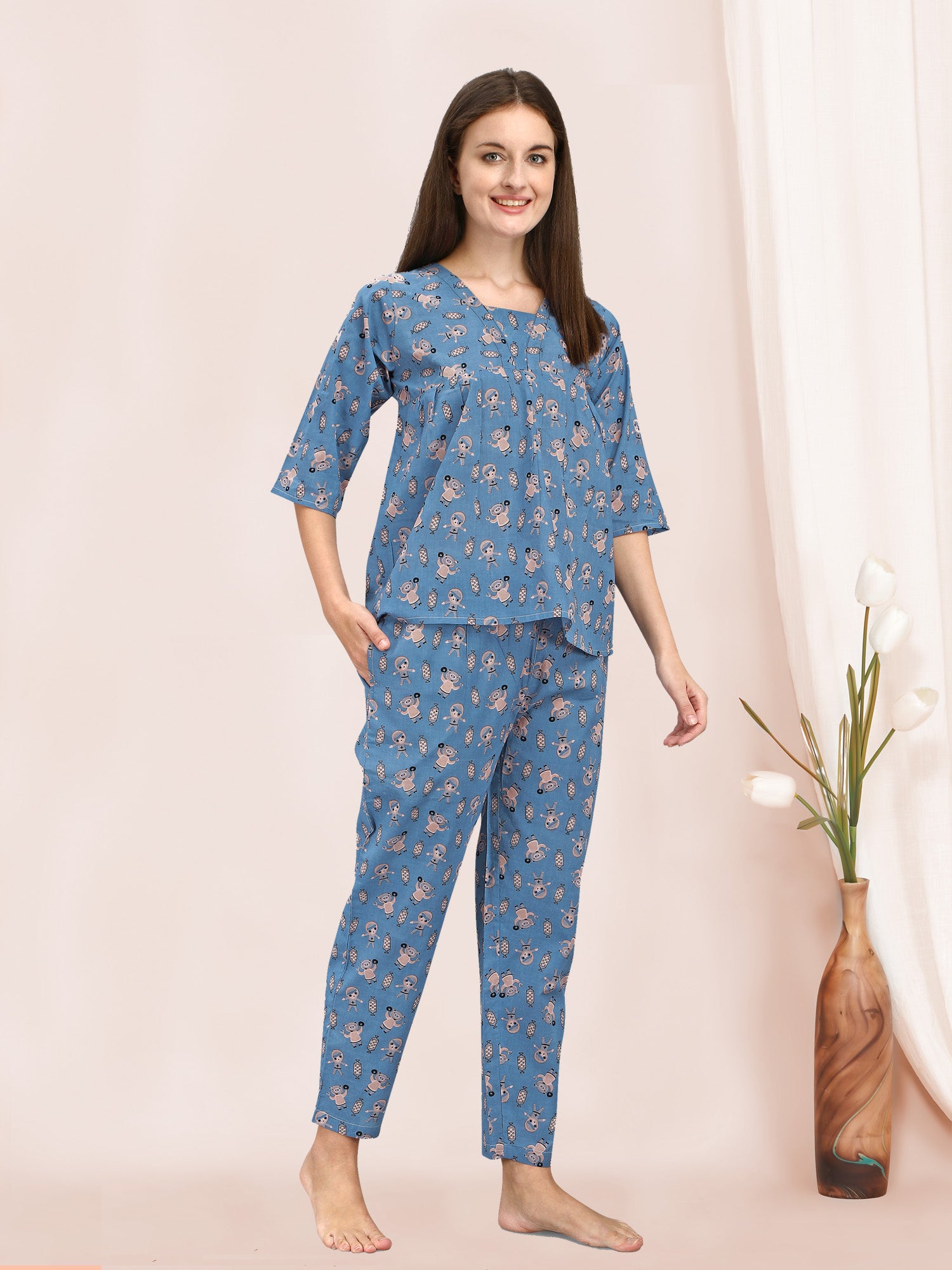 Women's Blue Quirky Space Print Cotton Night Suit - MESMORA FASHION