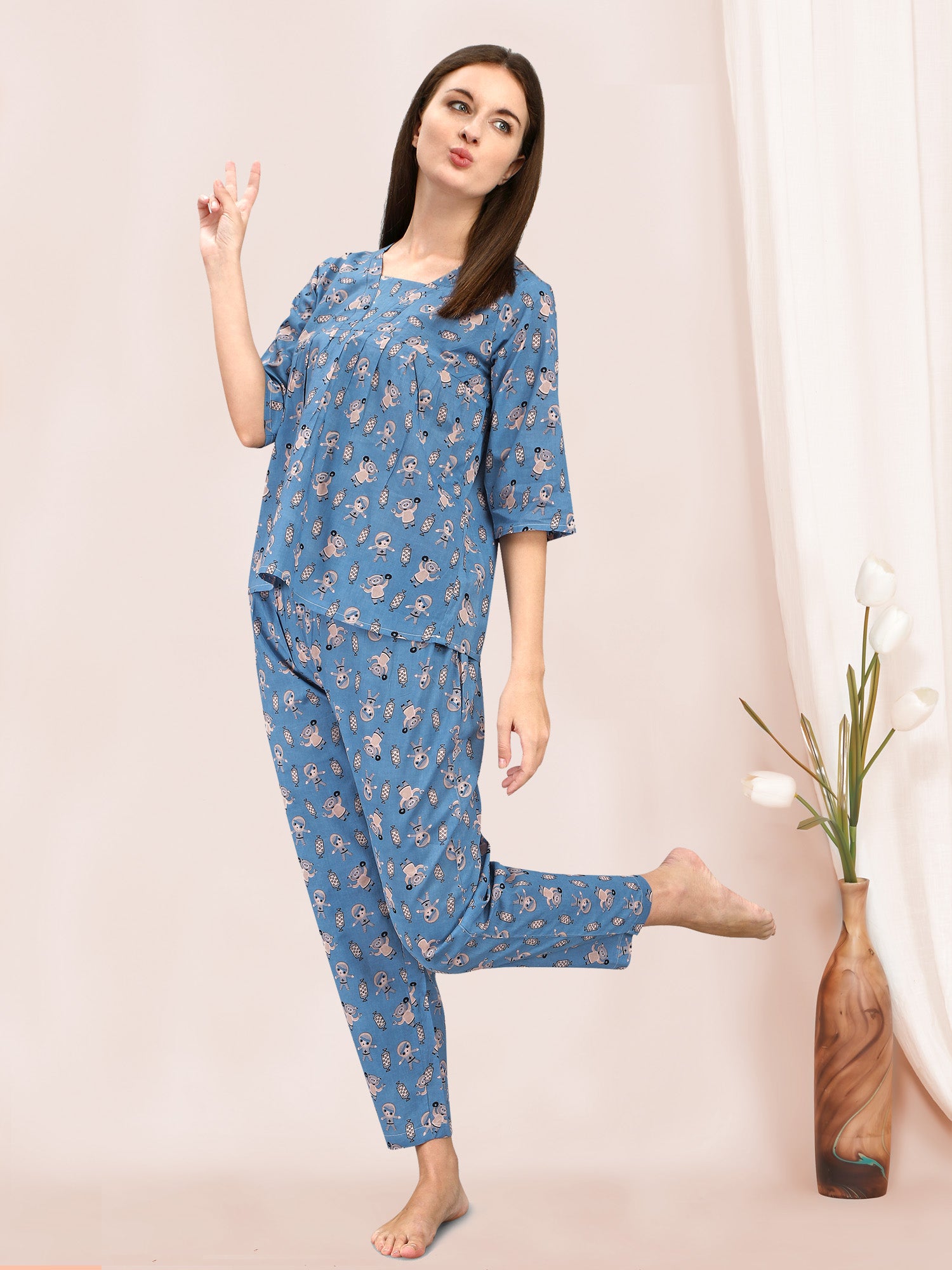 Women's Blue Quirky Space Print Cotton Night Suit - MESMORA FASHION