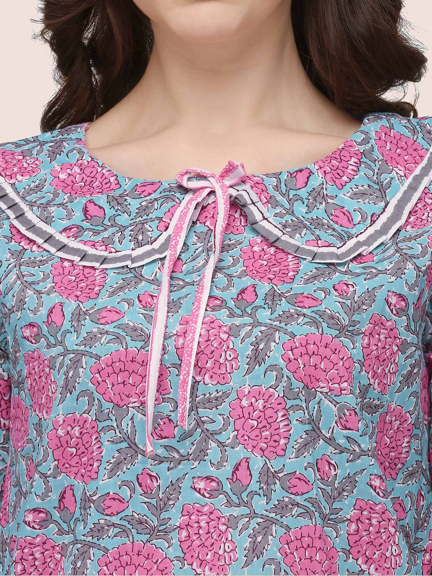 Women's Sky And Pink Floral Hand Block Printed Cotton Pajama Suit Set - MESMORA FASHION