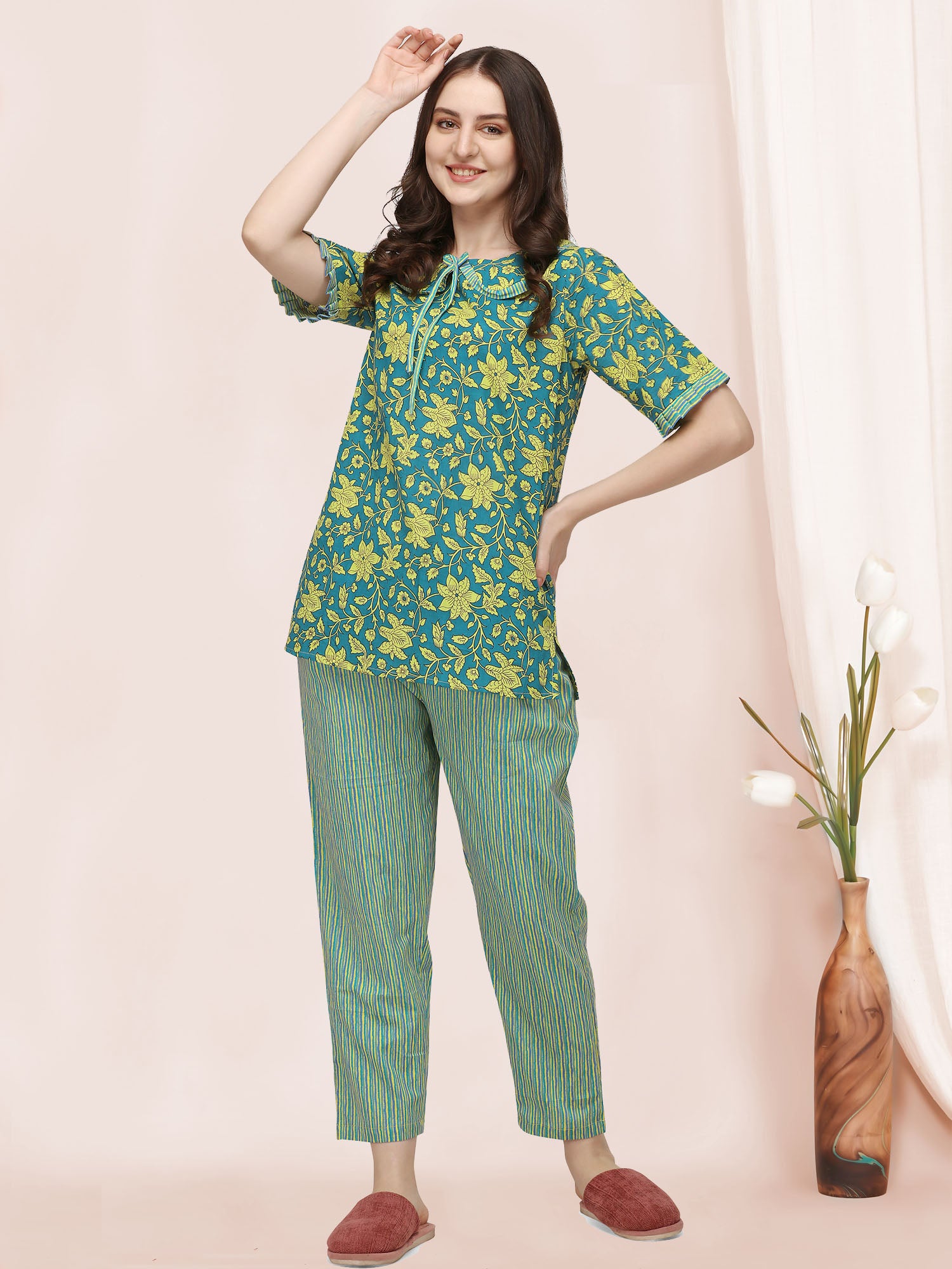 Women's Green Floral Handblock Printed Cotton Pajama Suit Set - MESMORA FASHION