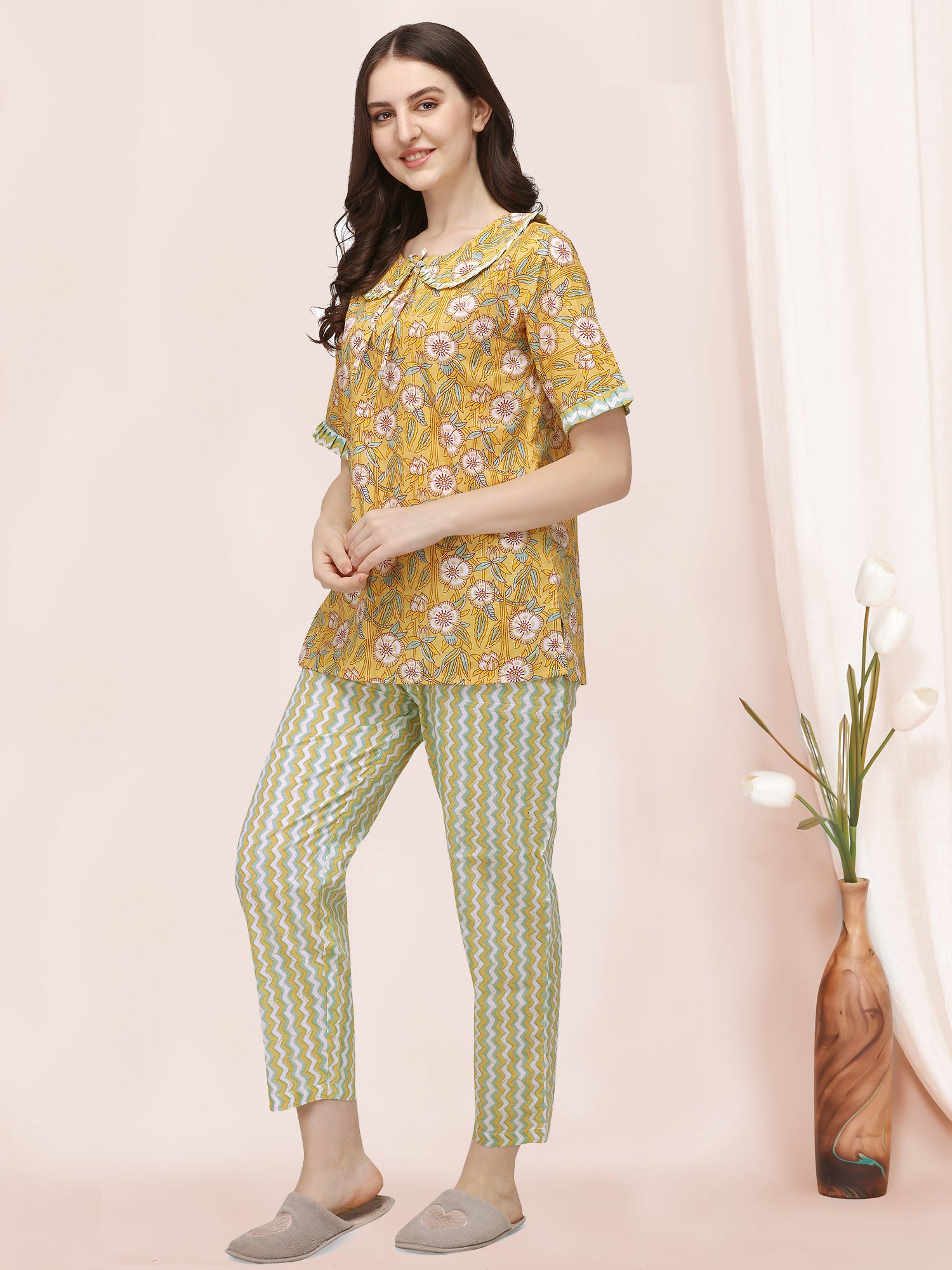 Women's Mango Yellow Handblock Printed Cotton Pajama Suit Set - MESMORA FASHION