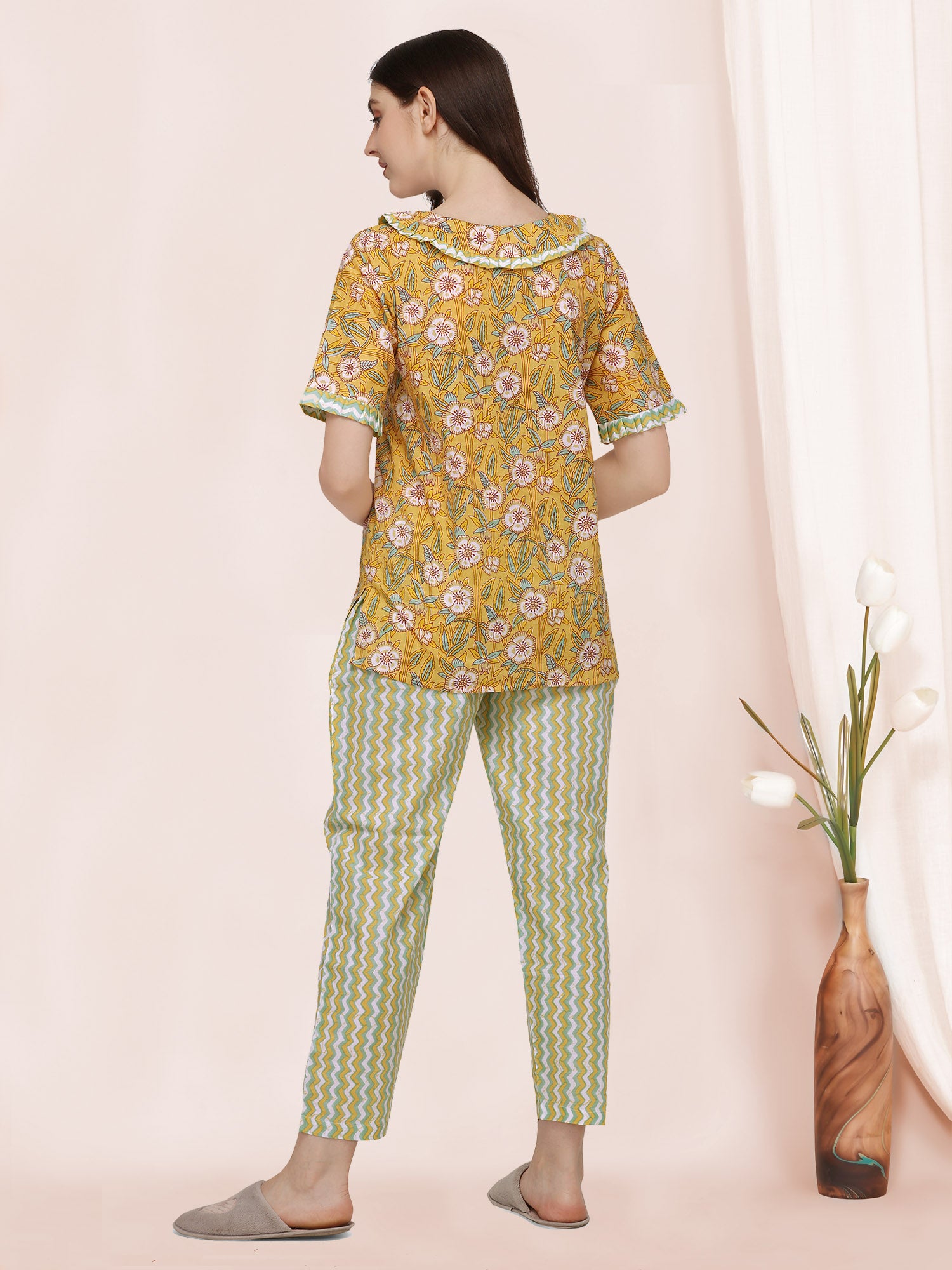 Women's Mango Yellow Handblock Printed Cotton Pajama Suit Set - MESMORA FASHION