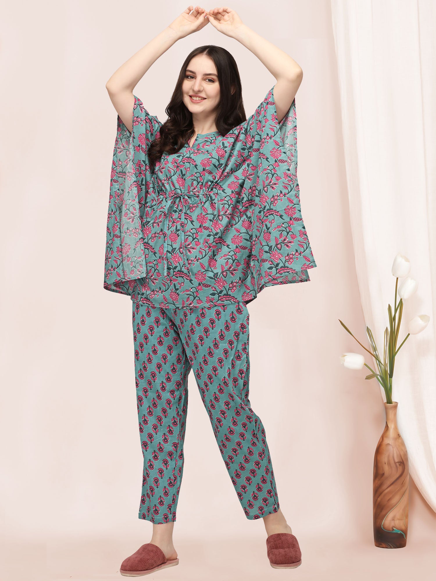 Women's Dusty blue And Pink Floral Printed Kaftan Night Suit Set  - MESMORA FASHION