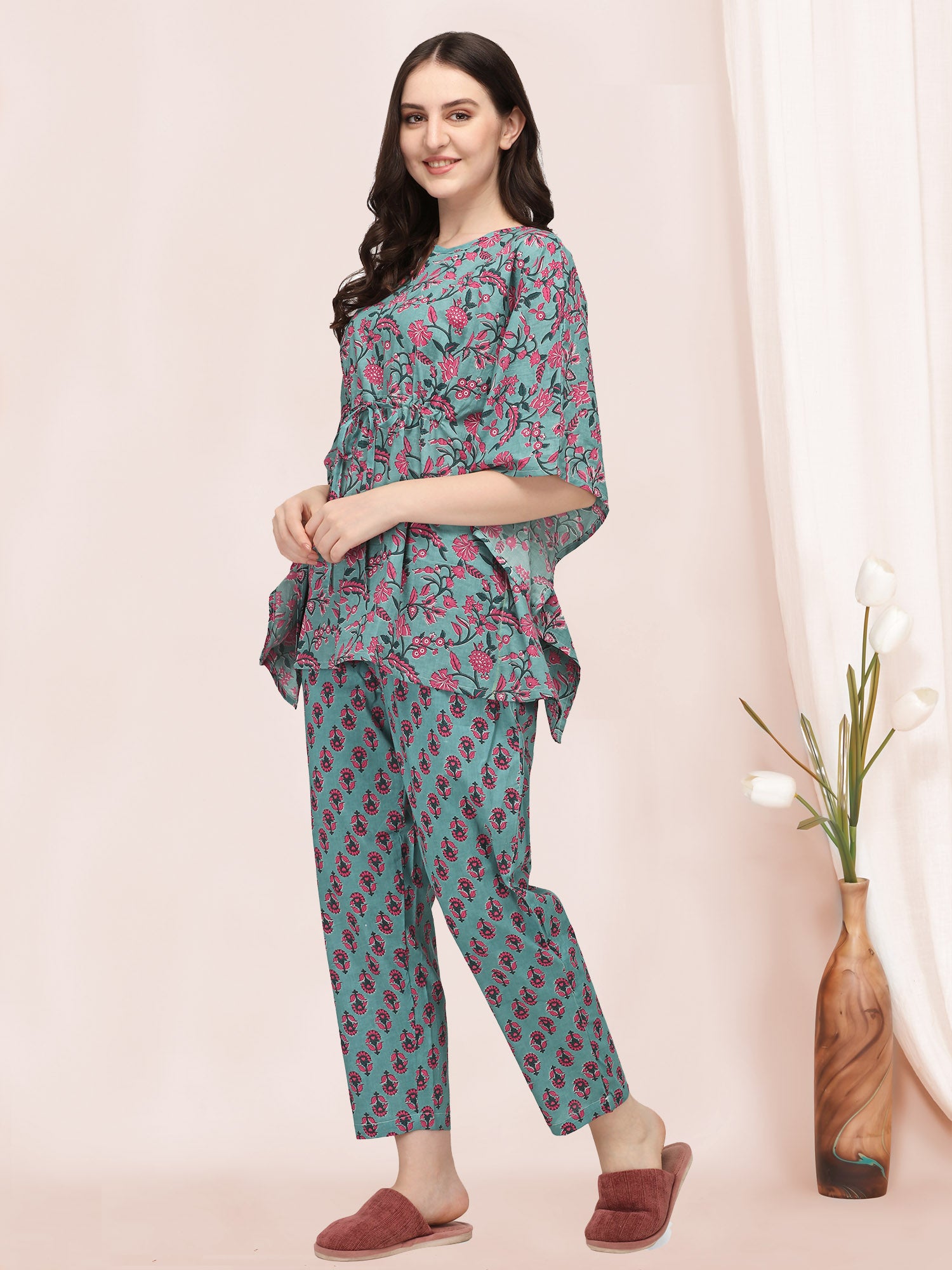 Women's Dusty blue And Pink Floral Printed Kaftan Night Suit Set  - MESMORA FASHION