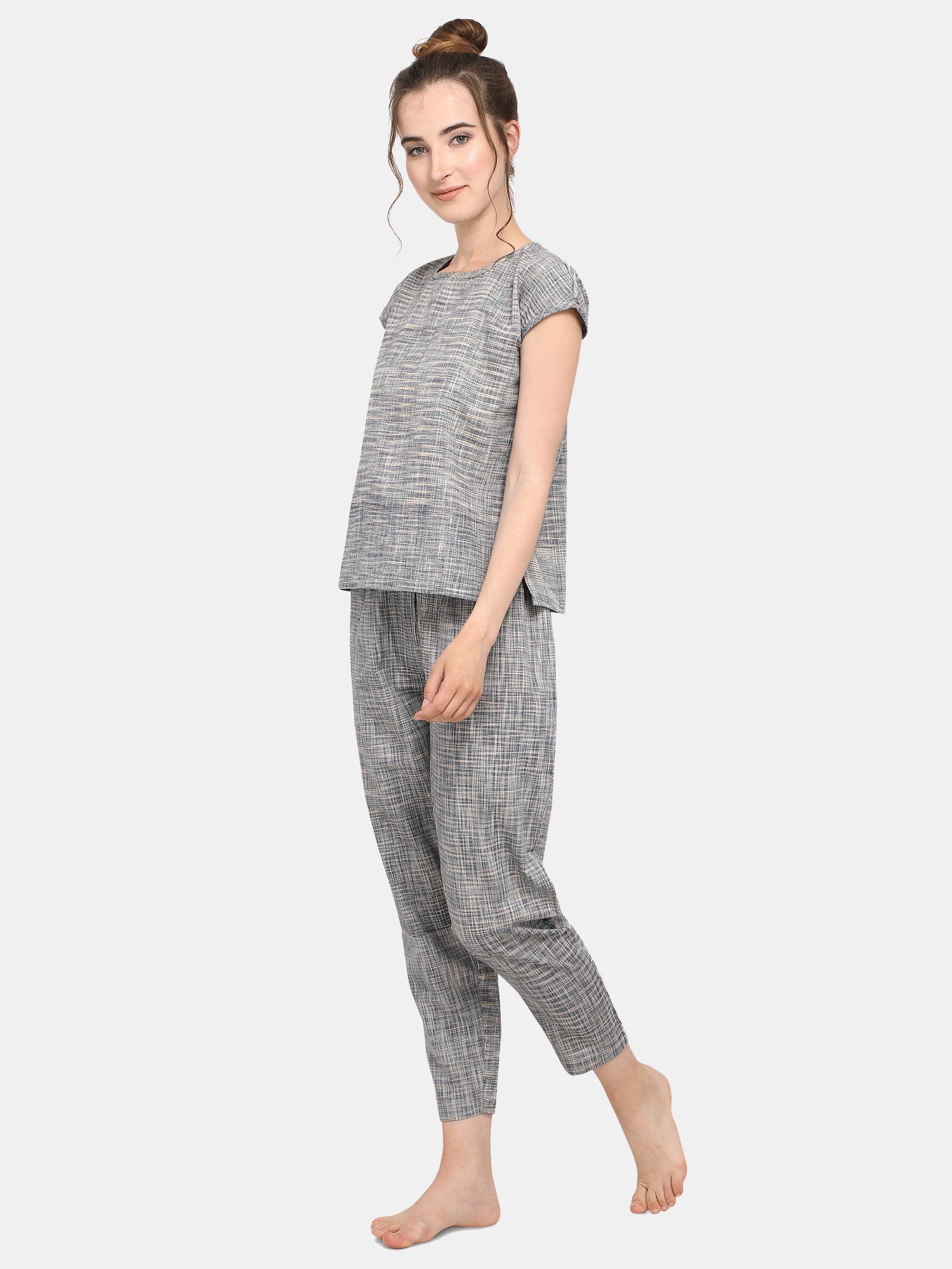 Women's Grey Slub cotton short night suit set  - MESMORA FASHIONS