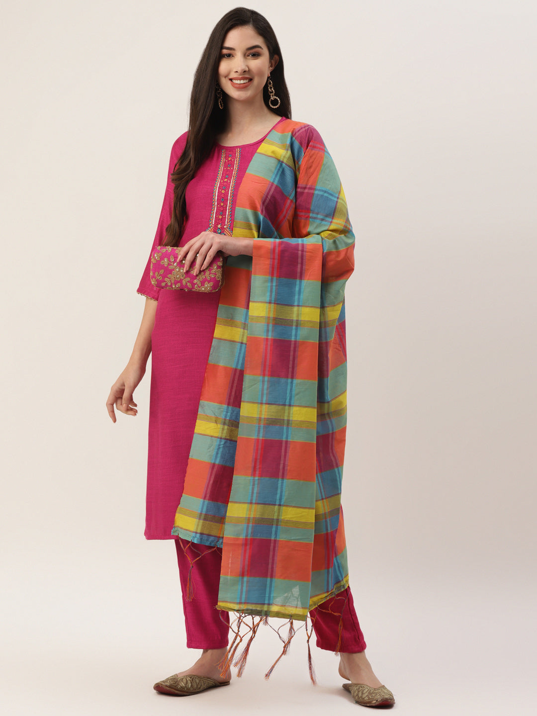 Women's Rani Rayon Blend Embroidered Straight Kurta Trouser Set With Dupatta - VAABA