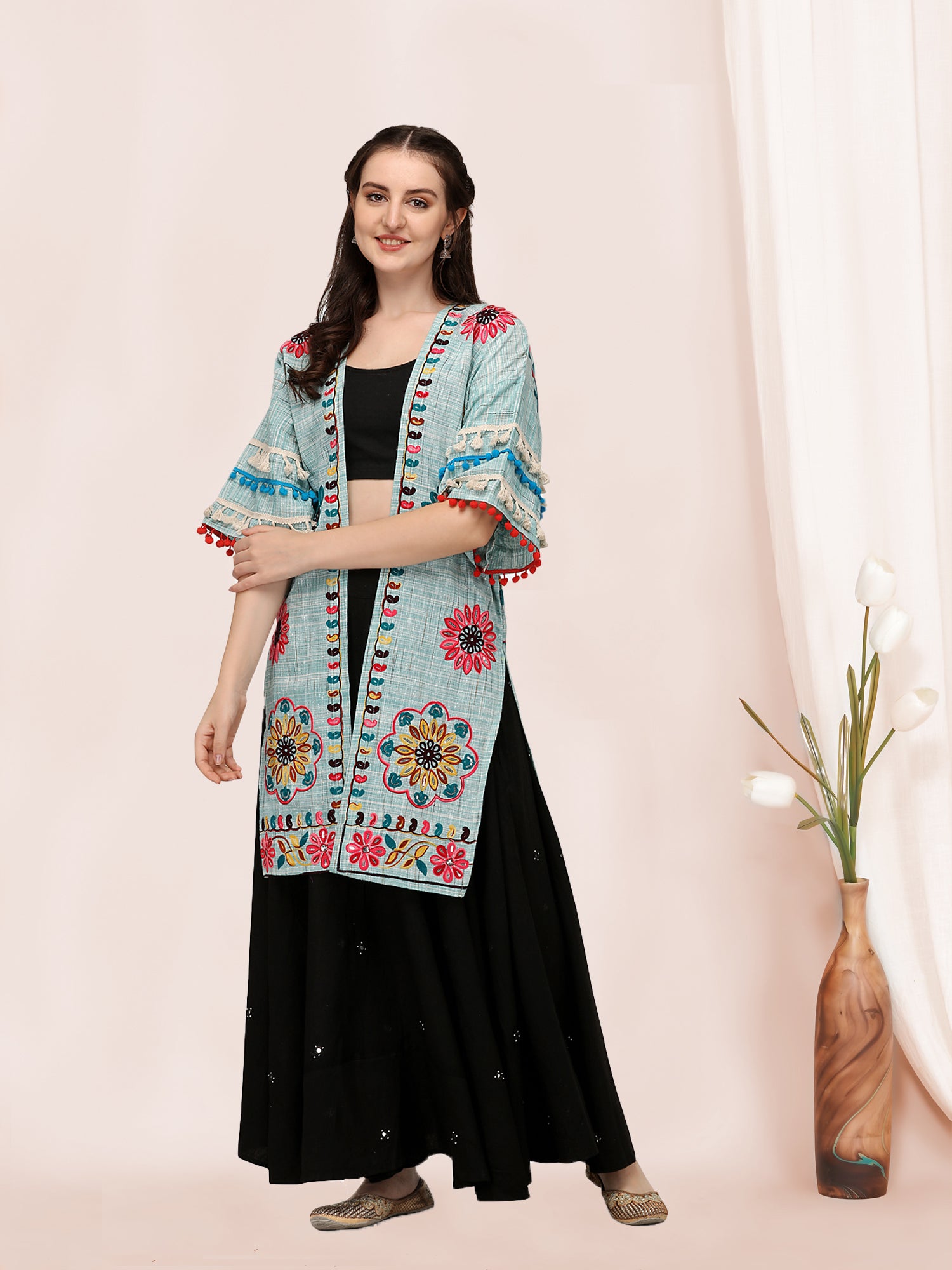 Women's Sky Blue Organic Cotton Long Fancy Embroidered Jacket - Mesmora Fashion