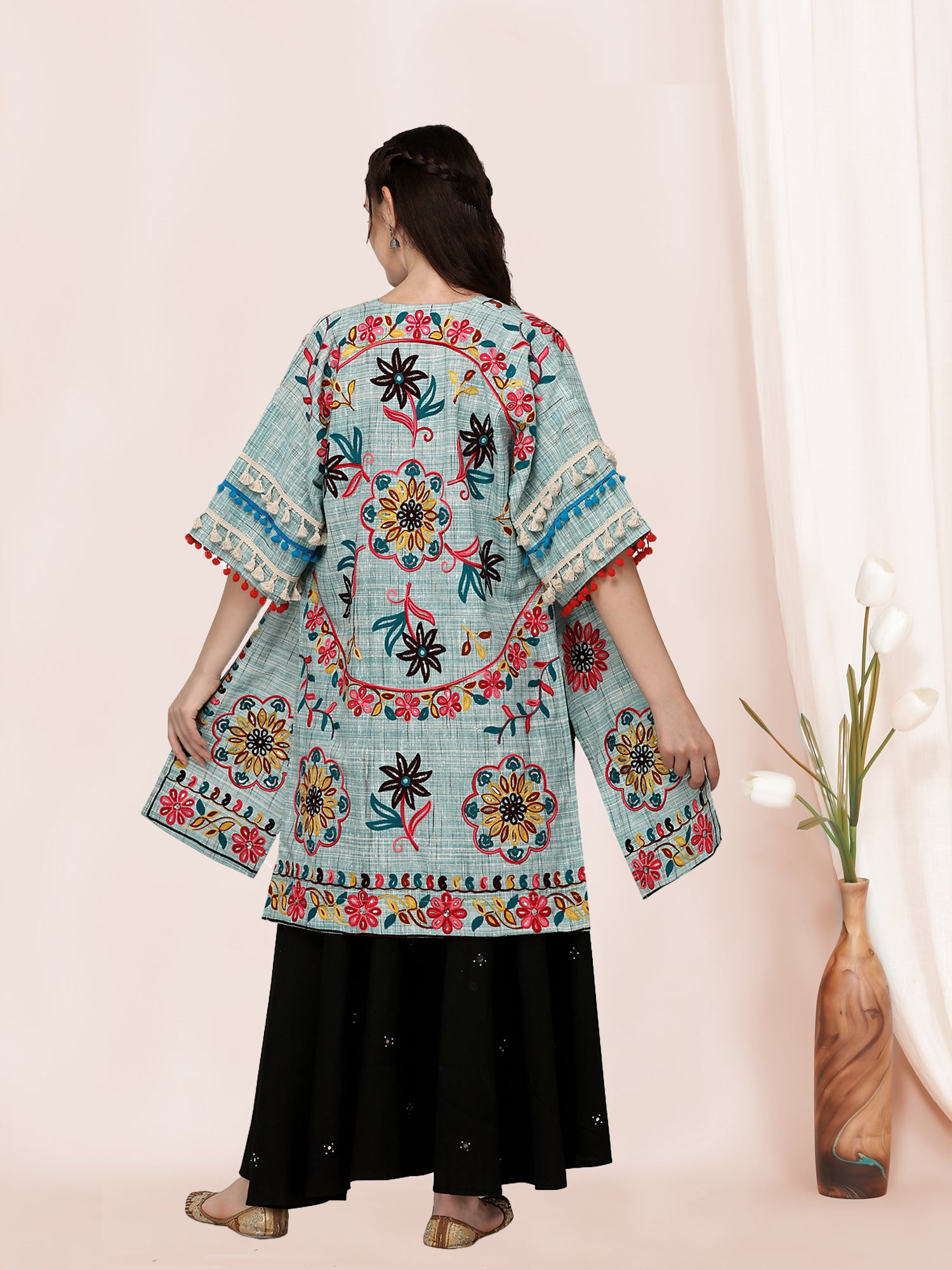 Women's Sky Blue Organic Cotton Long Fancy Embroidered Jacket - Mesmora Fashion