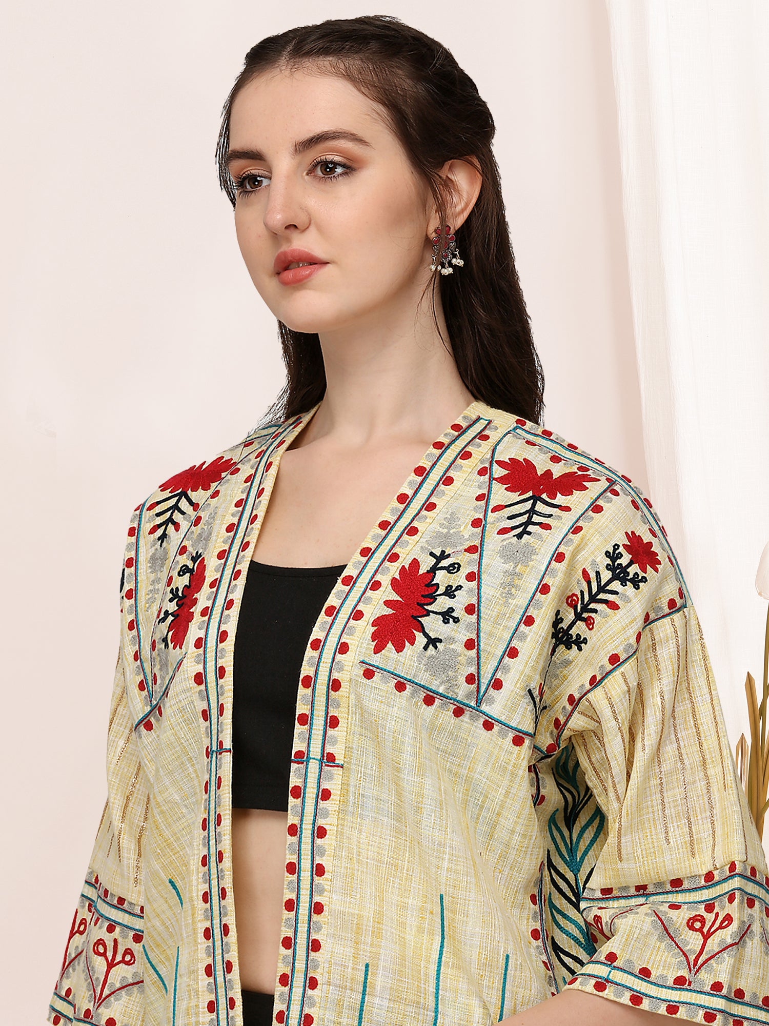 Women's Lemon Yellow Organic Cotton Long Fancy Embroidered Ethnic Jacket - Mesmora Fashion