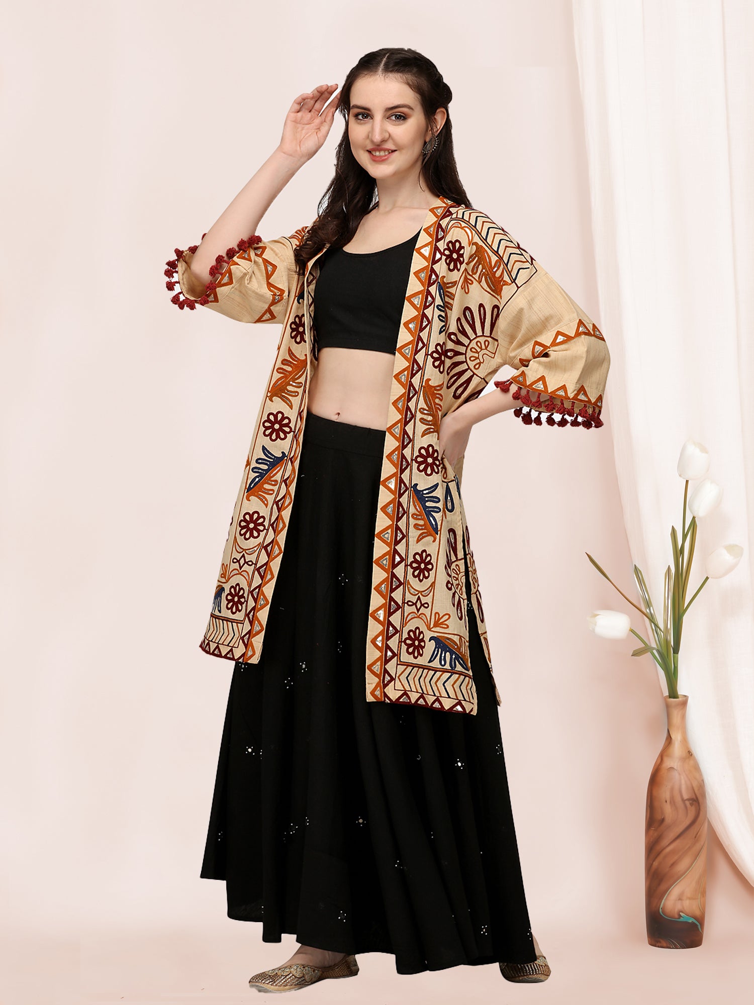 Women's Beige Organic Cotton Long Fancy Embroidered Ethnic Jacket - Mesmora Fashion