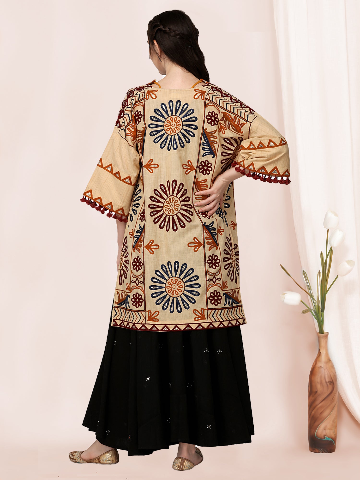 Women's Beige Organic Cotton Long Fancy Embroidered Ethnic Jacket - Mesmora Fashion