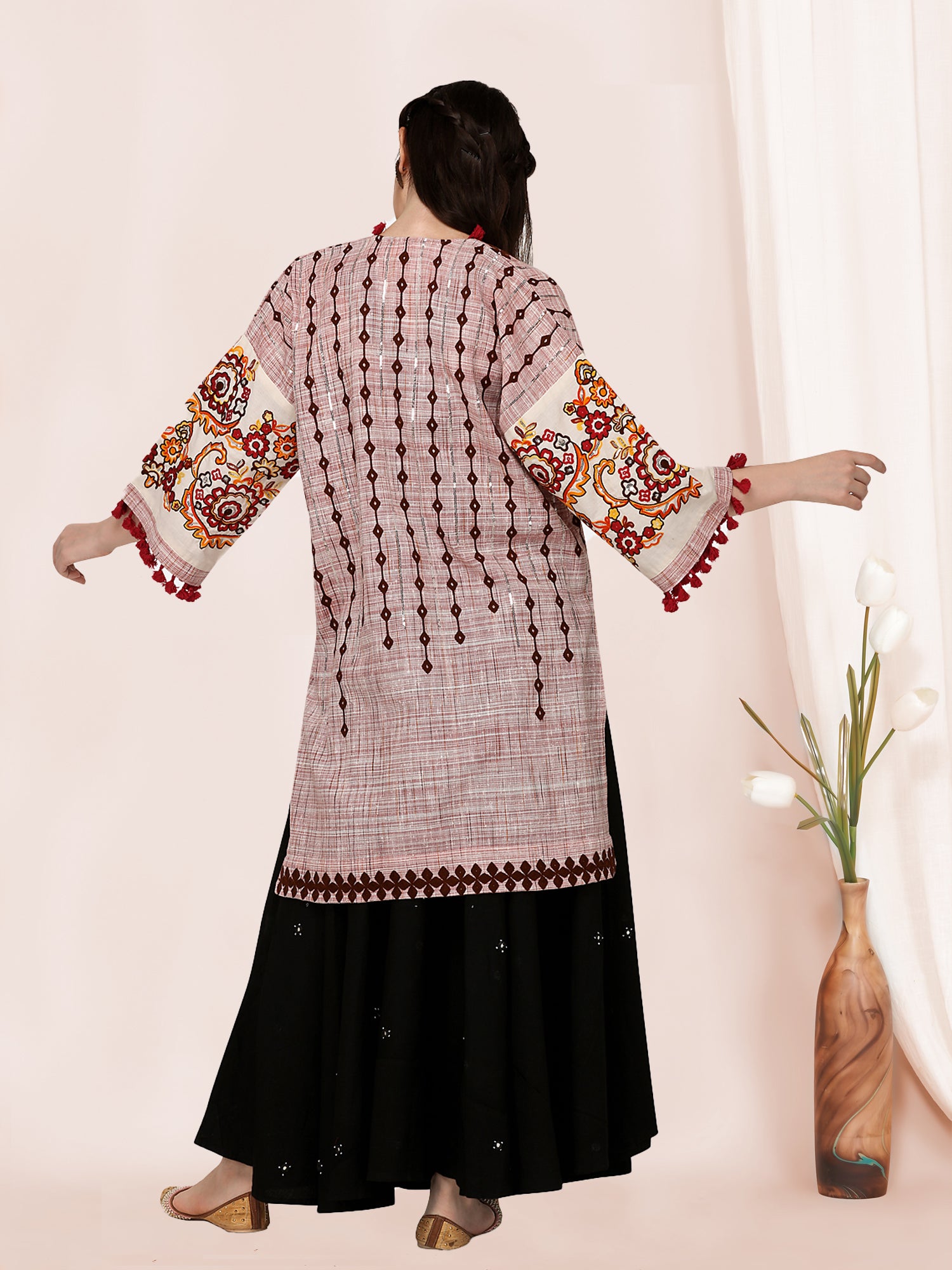 Women's Purple Organic Cotton Long Fancy Embroidered Ethnic Jacket - Mesmora Fashion