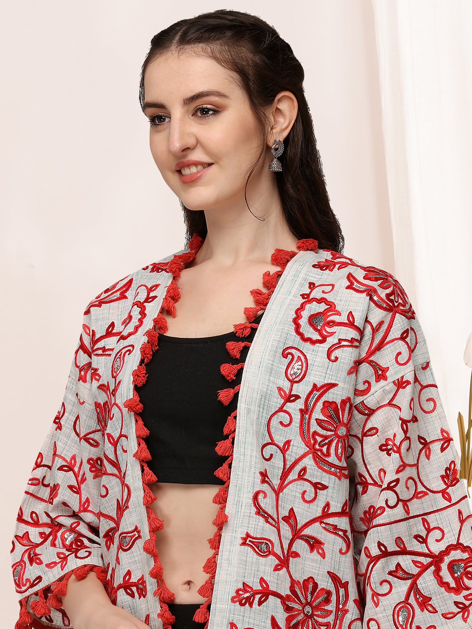 Women's White And Sea Green Organic Cotton Long Fancy Embroidered Ethnic Jacket - Mesmora Fashion