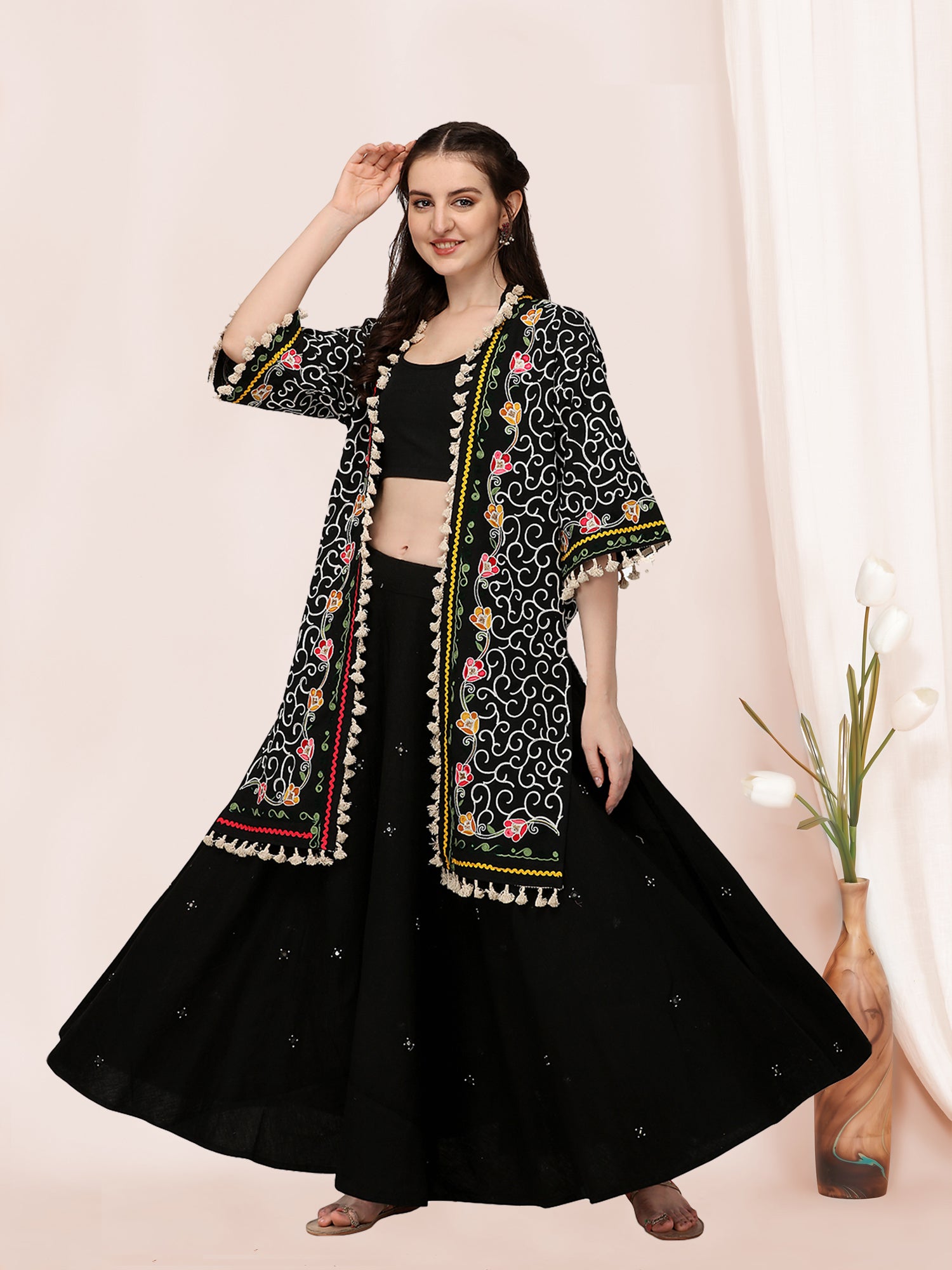Women's Black 100% Organic Cotton Long Fancy Embroidered Ethnic Jacket - Mesmora Fashion