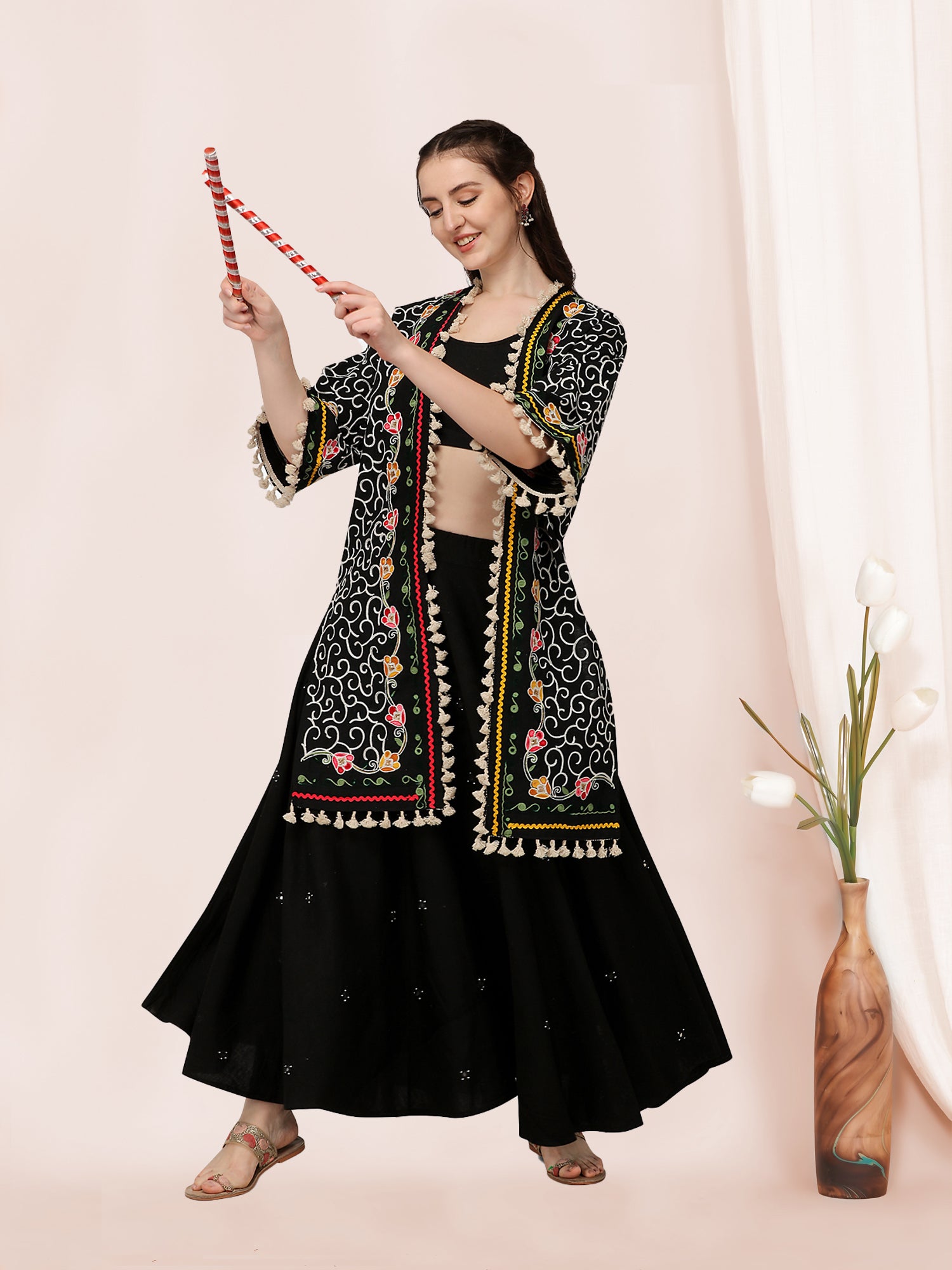 Women's Black 100% Organic Cotton Long Fancy Embroidered Ethnic Jacket - Mesmora Fashion
