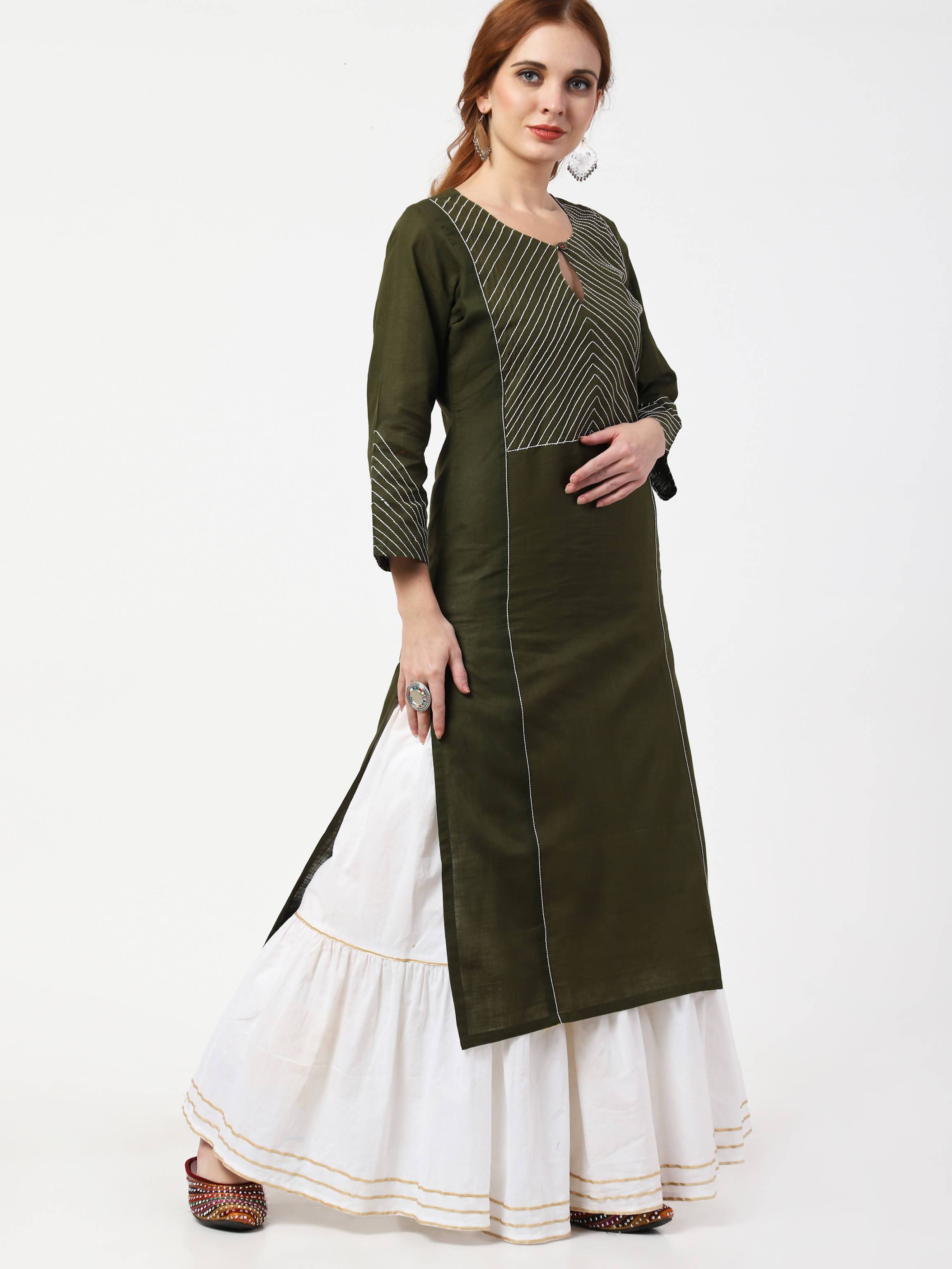 Women's Olive Green & White Viscose Rayon Kurta With Skirt & Embroidered Dupatta Set - Cheera
