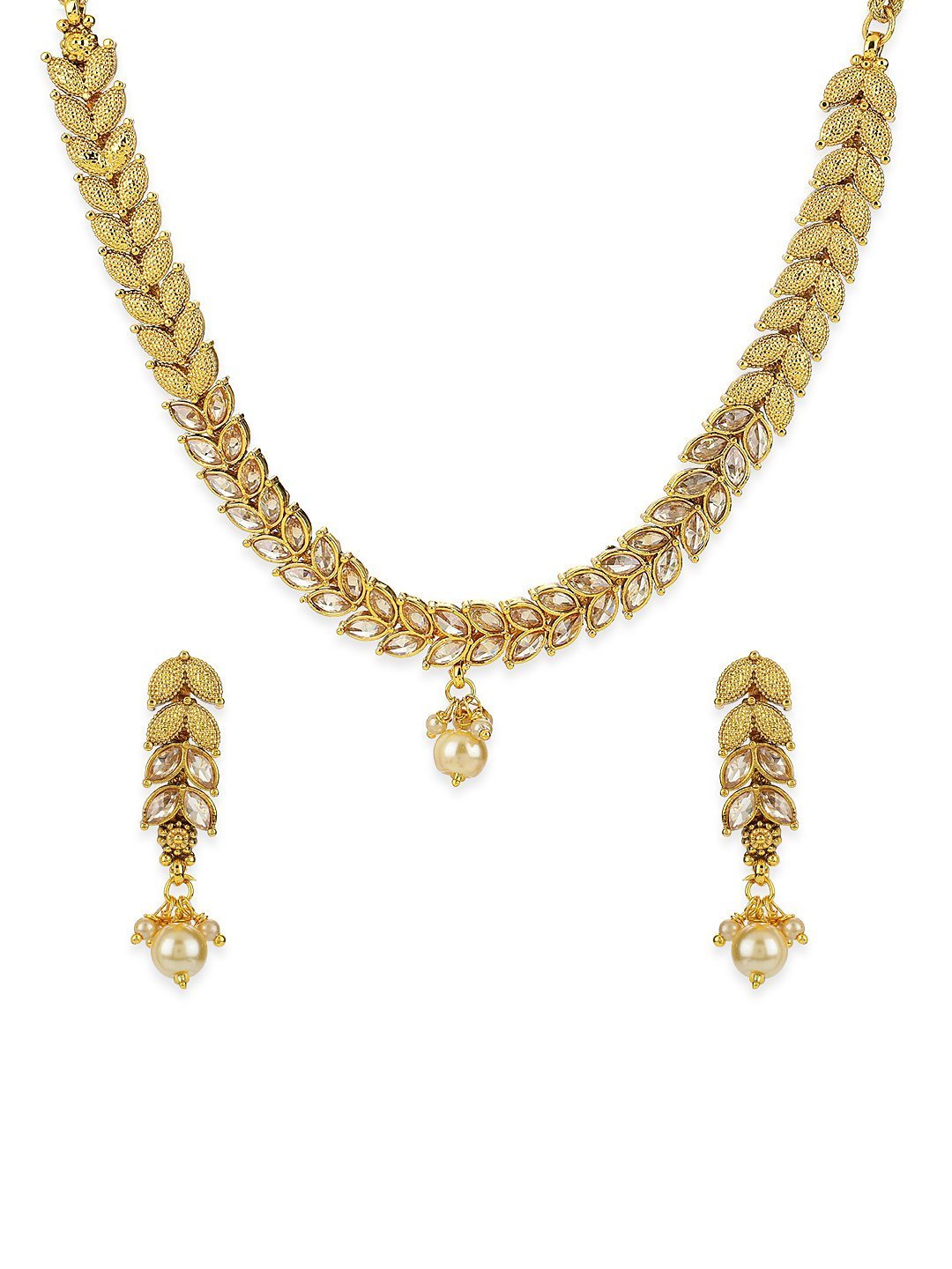 Women's Pearls Stones Gold Plated Leaf Jewellery Set - Priyaasi