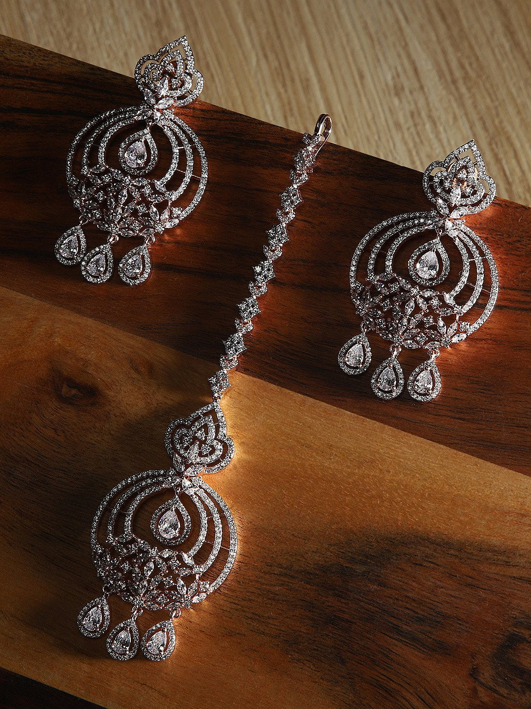 Women's Rose Gold-Plated American Diamond Studded Chandbali style MaangTikka And Earrings Set - Priyaasi