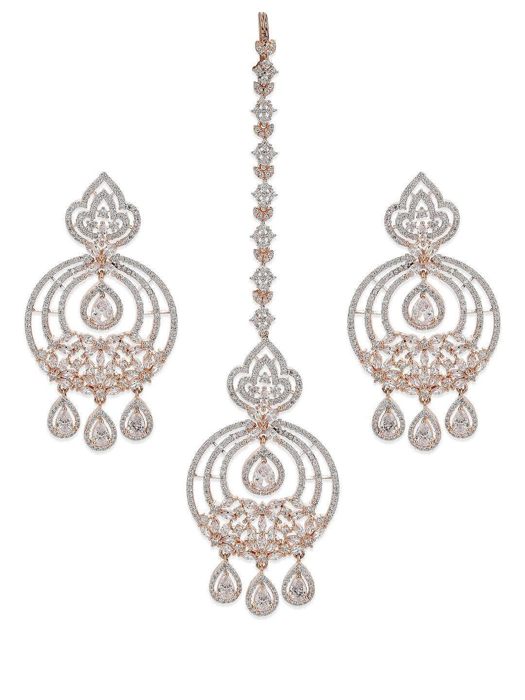 Women's Rose Gold-Plated American Diamond Studded Chandbali style MaangTikka And Earrings Set - Priyaasi