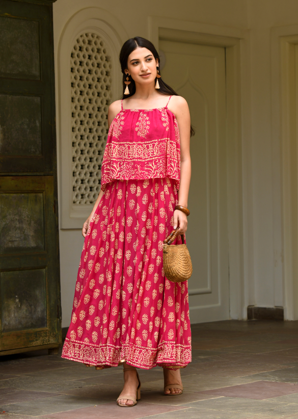 Women's Pink Hand Block Printed Gown (1Pc) - Saras The Label