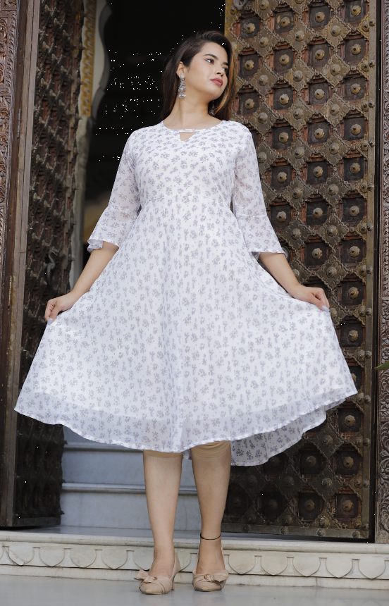 Women's Georgette Printed Flared White Dress - SINGNI