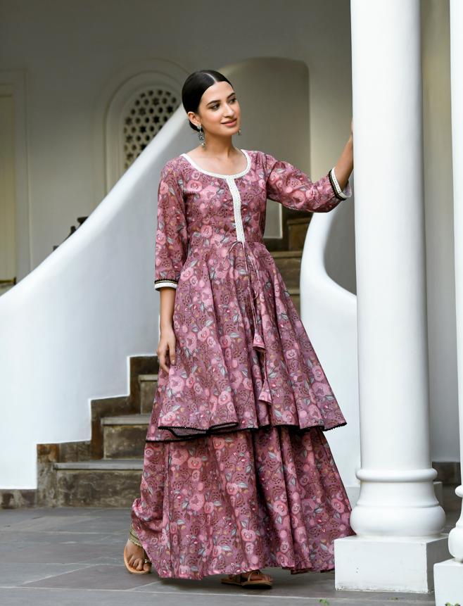 Women's Mauve Flower Print Dress (2Pc) - Saras The Label