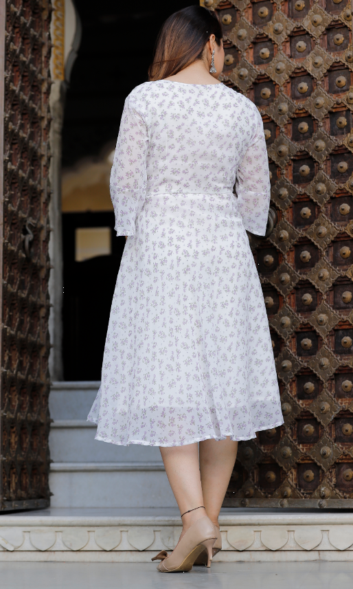 Women's Georgette Printed Flared White Dress - SINGNI
