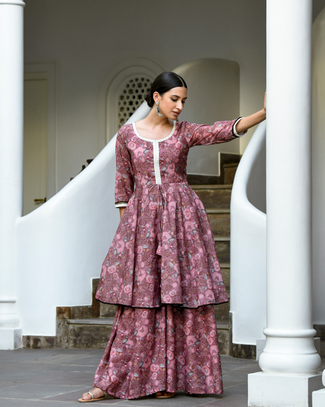 Women's Mauve Flower Print Dress (2Pc) - Saras The Label