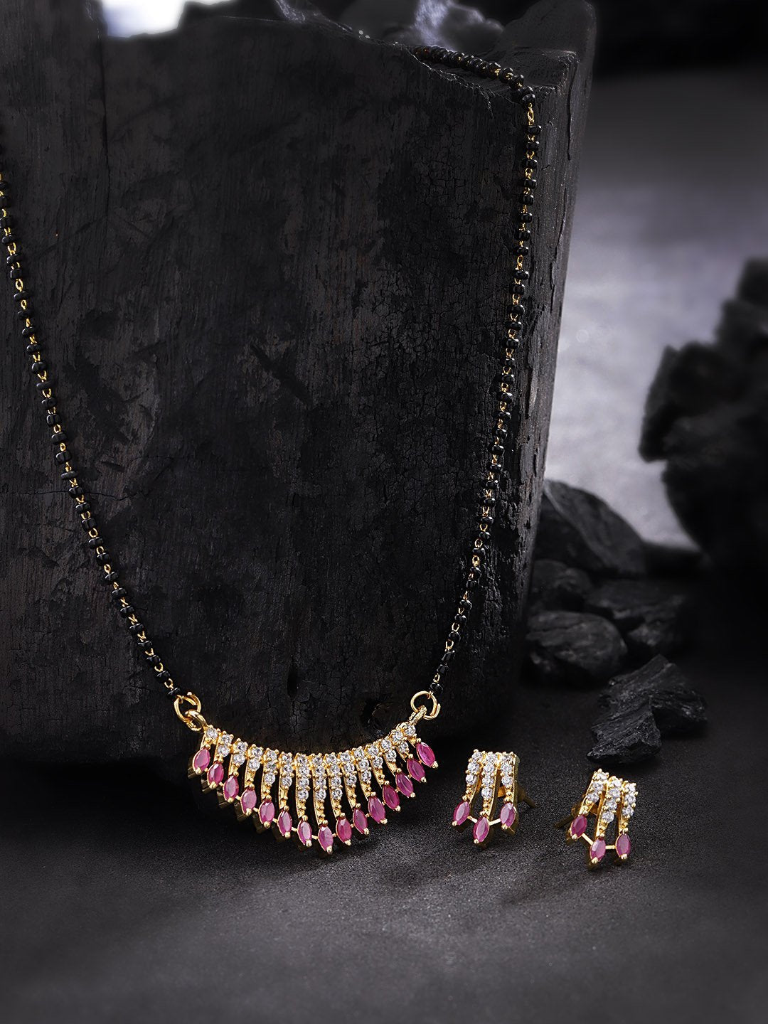 Women's  Classic Gold Plated Pink American Diamond Mangalsutra Set For Women - Priyaasi