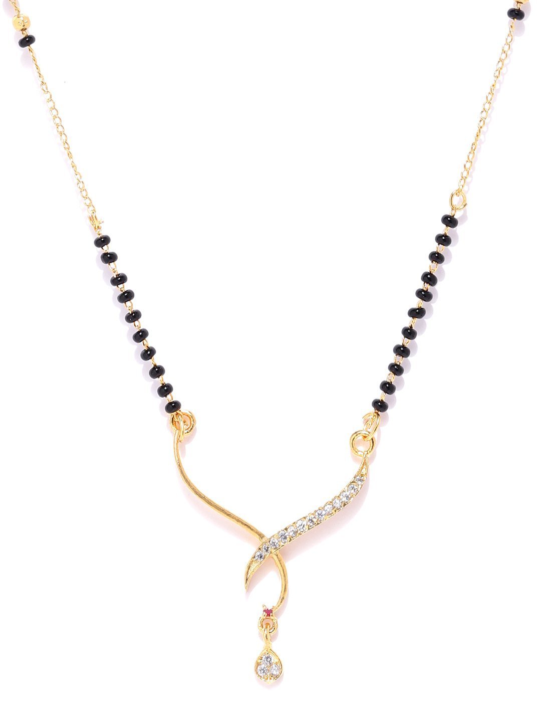 Women's Gold-Plated AD, American Diamond Studded Black Beaded Chain Mangalsutra - Priyaasi