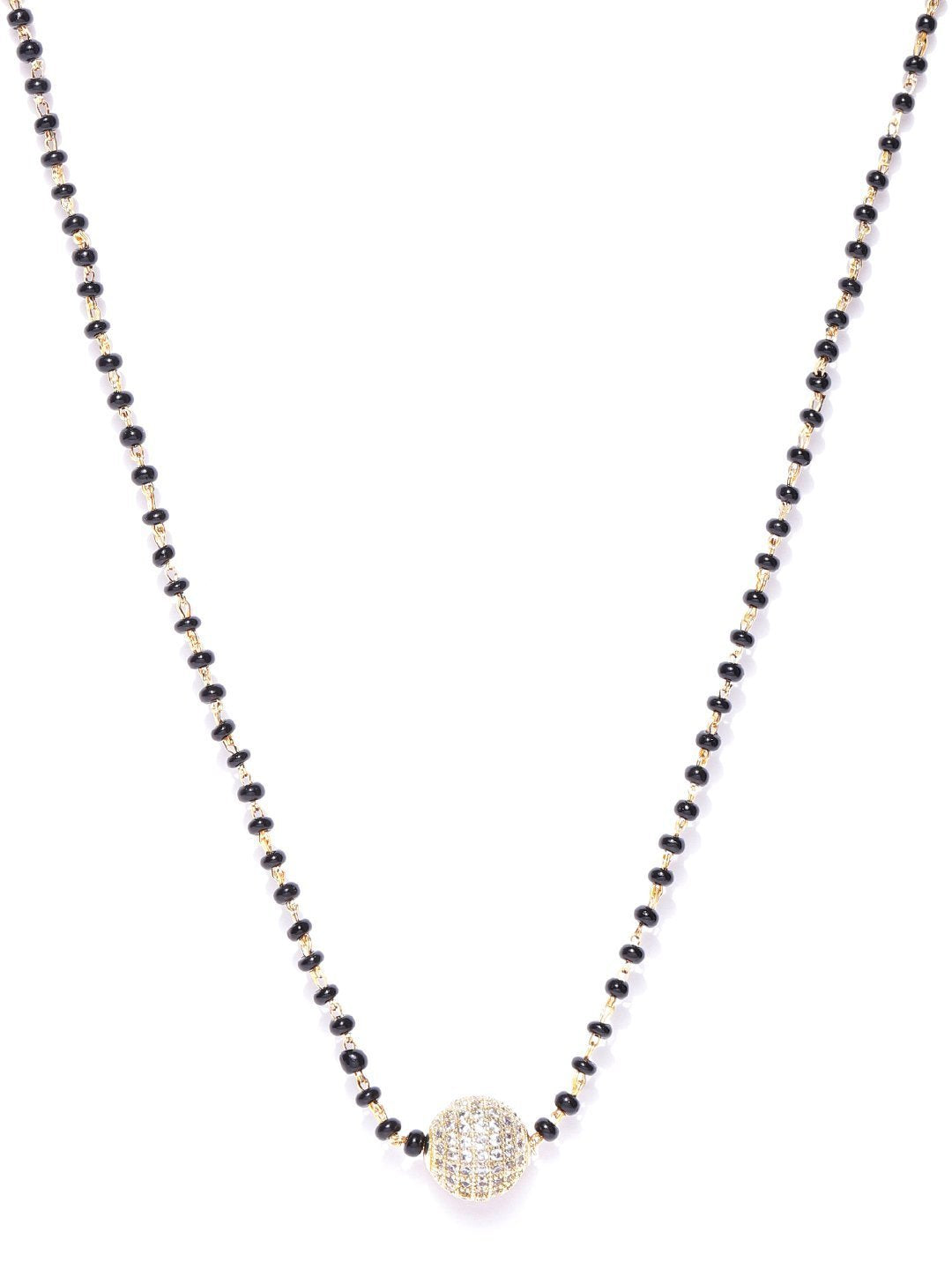 Women's Gold-Plated AD Studded Spherical Pendant Black Beaded Chain Mangalsutra - Priyaasi