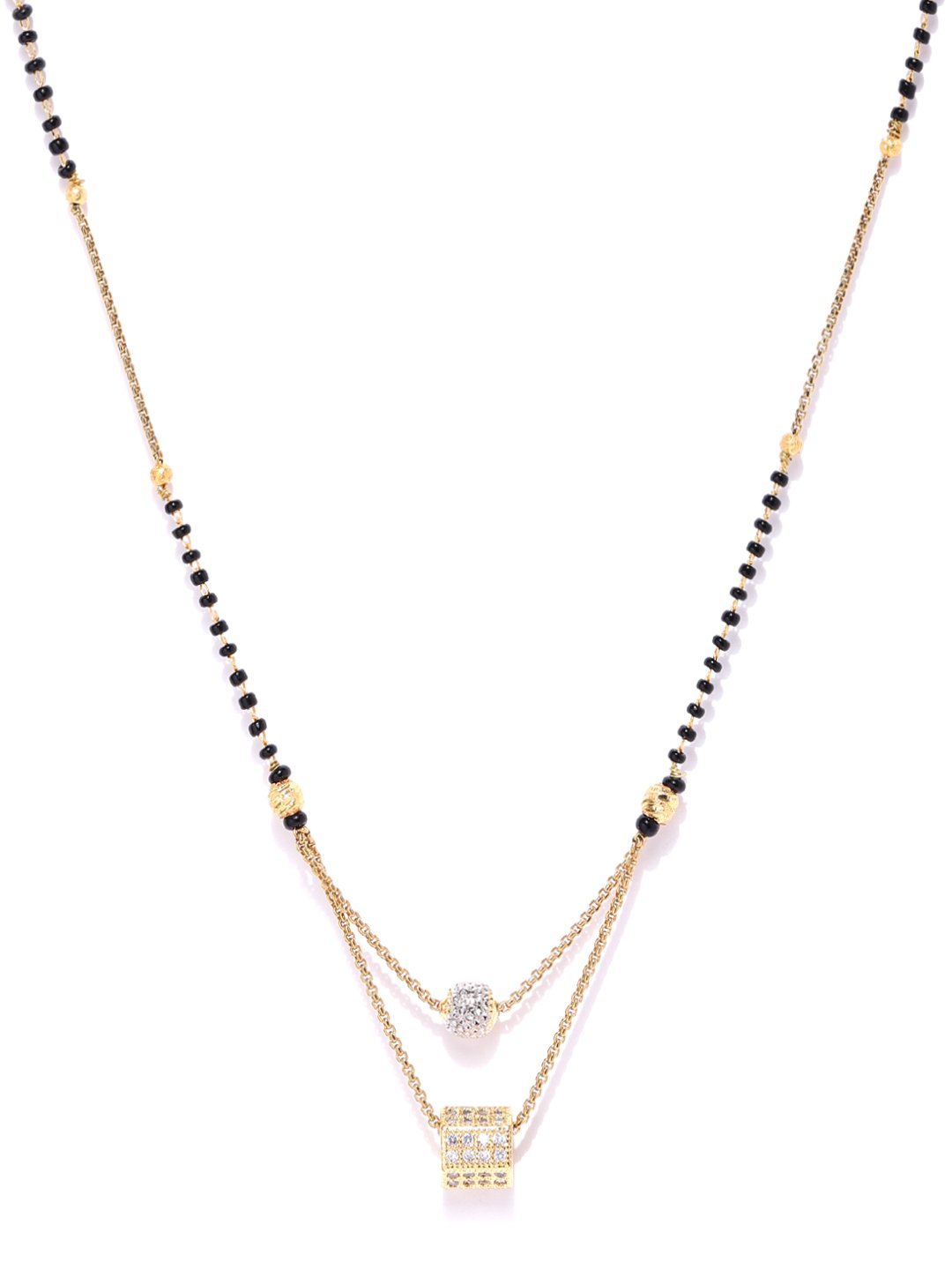 Women's Gold-Plated AD Studded Geometric Pendant Black Beaded Chain Mangalsutra - Priyaasi