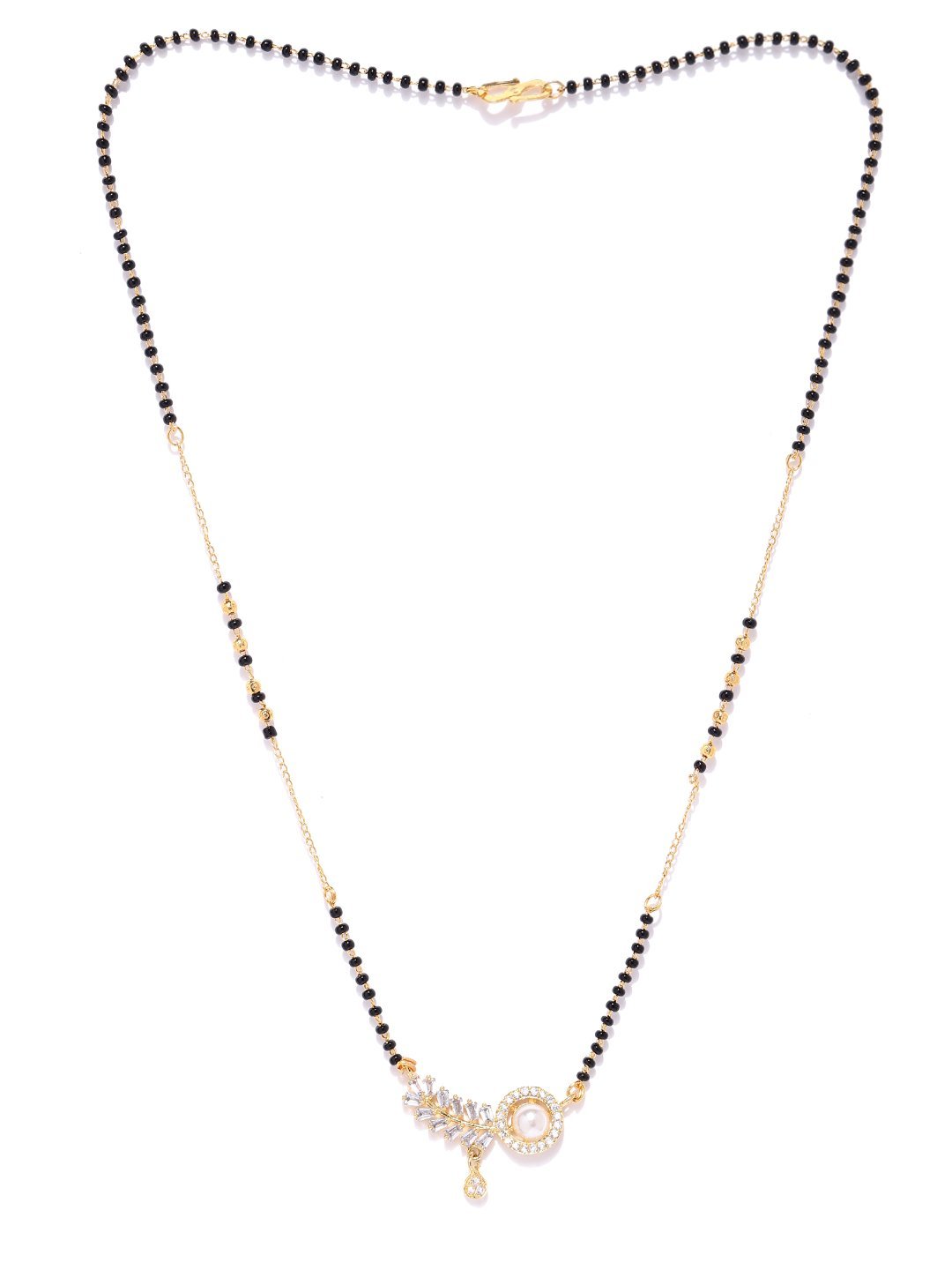 Women's Gold-Plated AD Studded Leaf Designed Pendant Black Beaded Chain Mangalsutra - Priyaasi