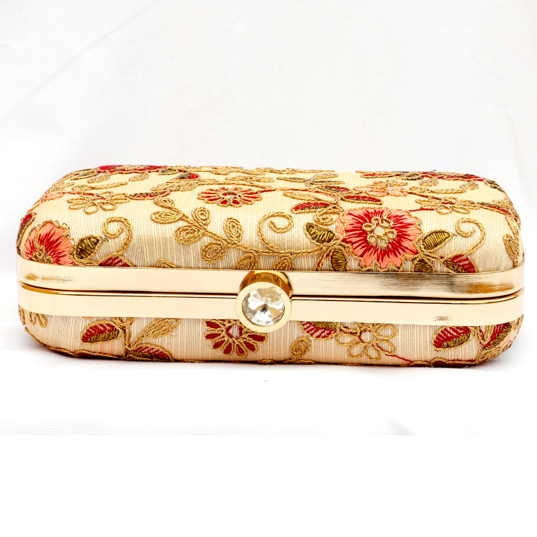 Women's Beige Color tulle Embroidered Faux Silk Clutch - VASTANS