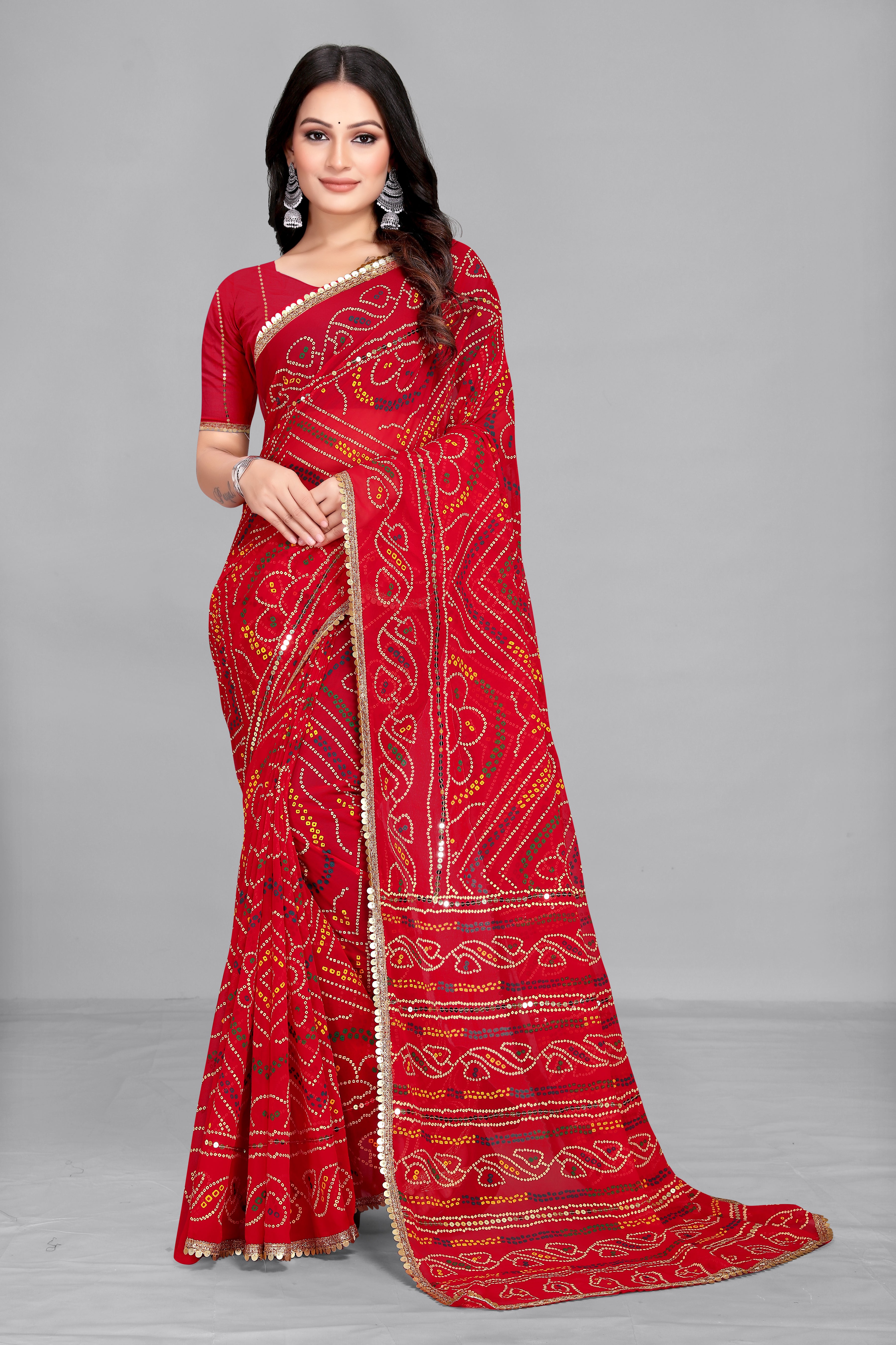 Women's Bandhani Printed Red Georgette Saree - Dwija Fashion