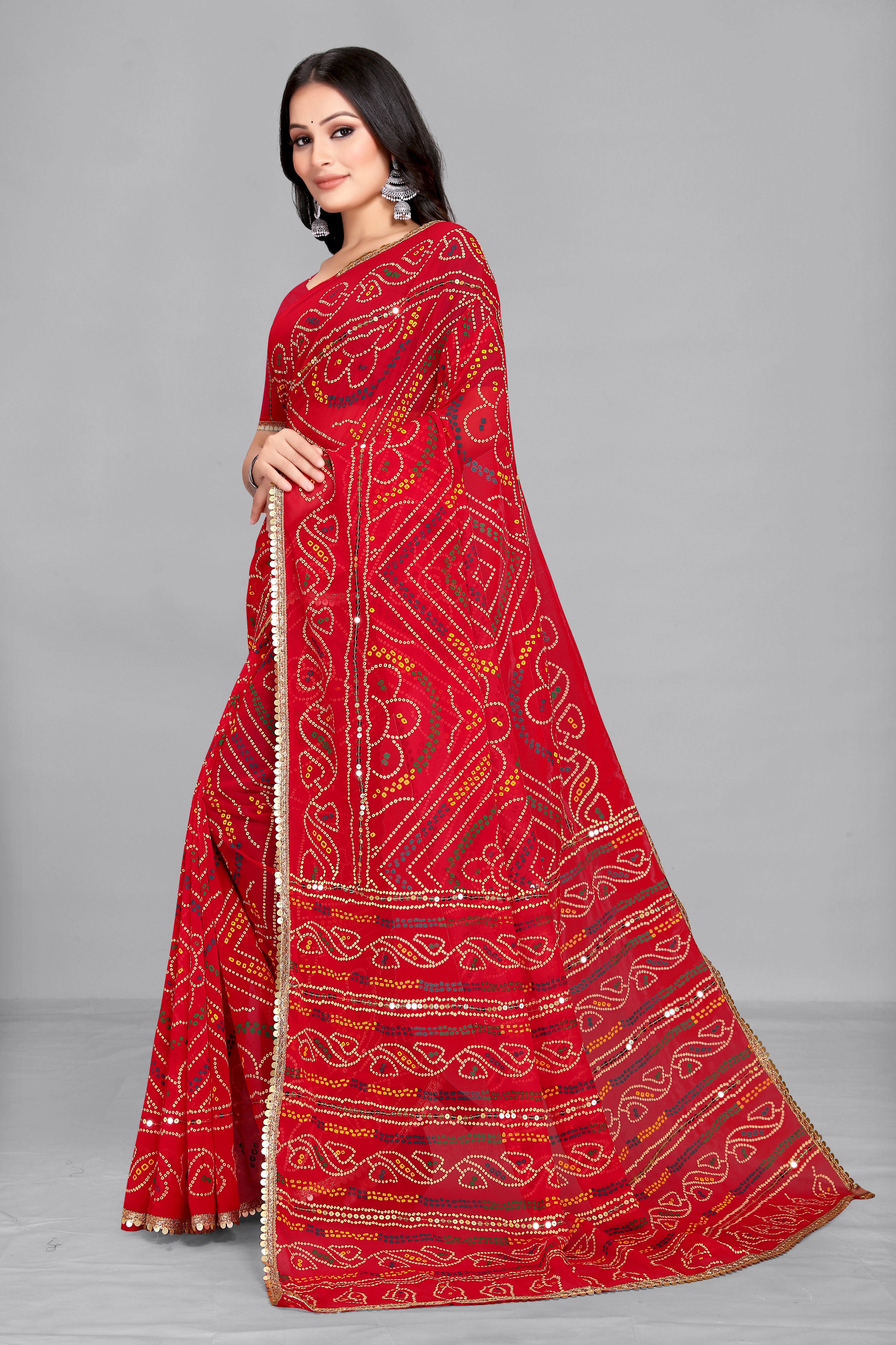 Women's Bandhani Printed Red Georgette Saree - Dwija Fashion