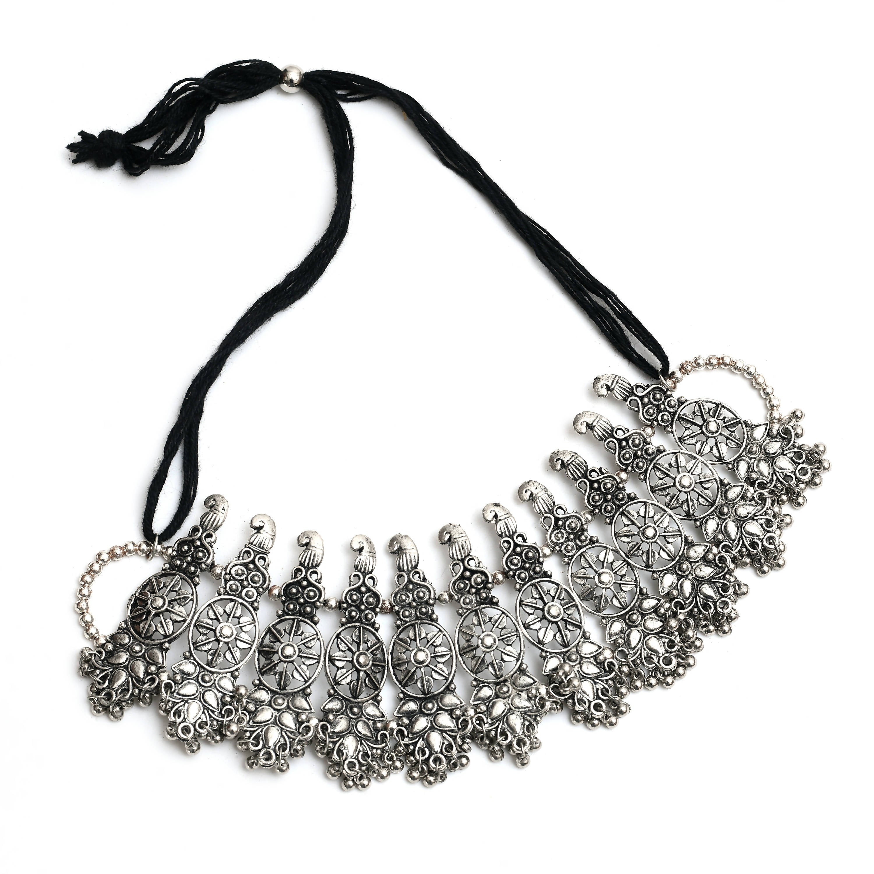 Kamal Johar Silver-Plated Oxidised Necklace & Earrings Jkms_107