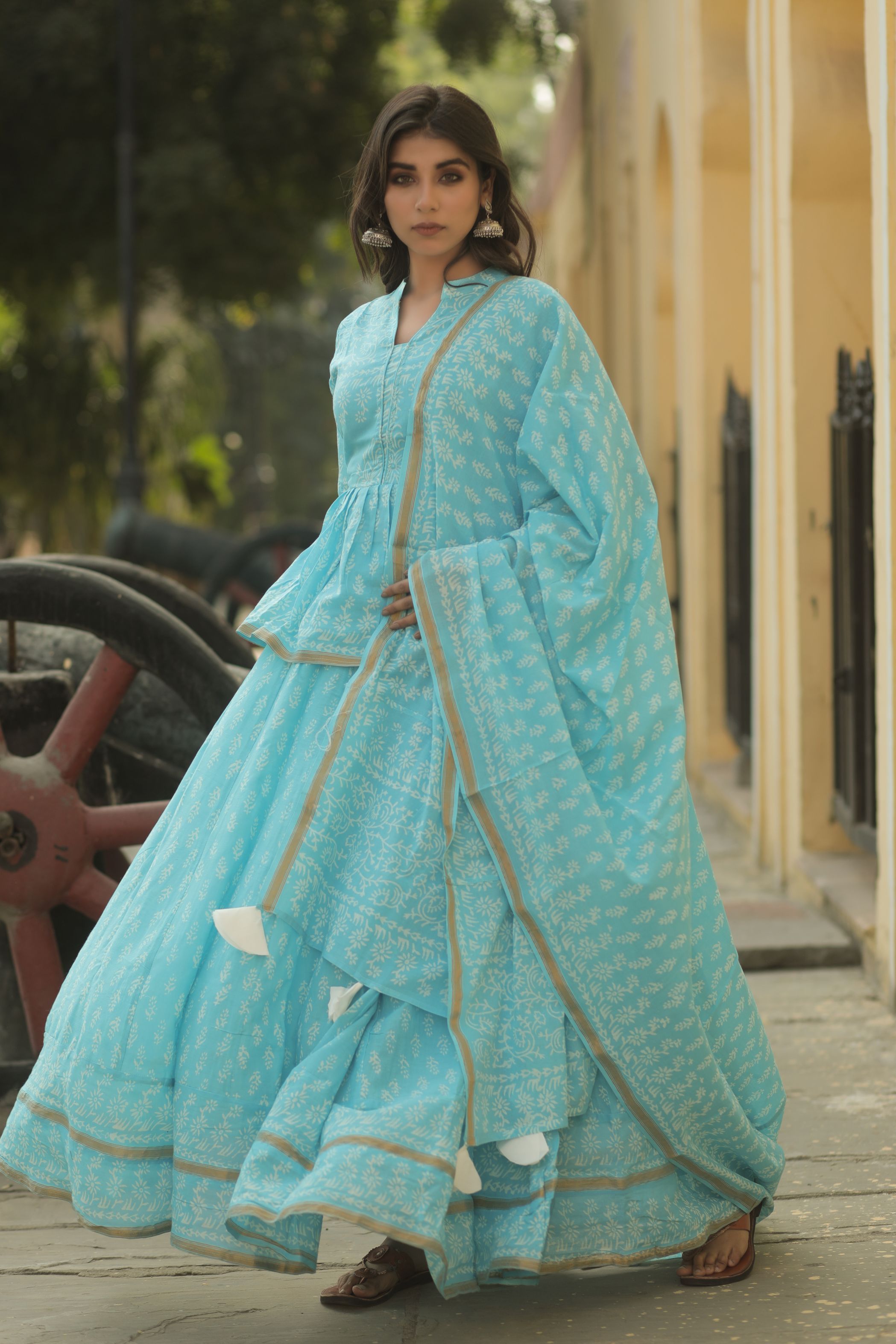 Women's Blue Printed Lehenga (3Pc Set)