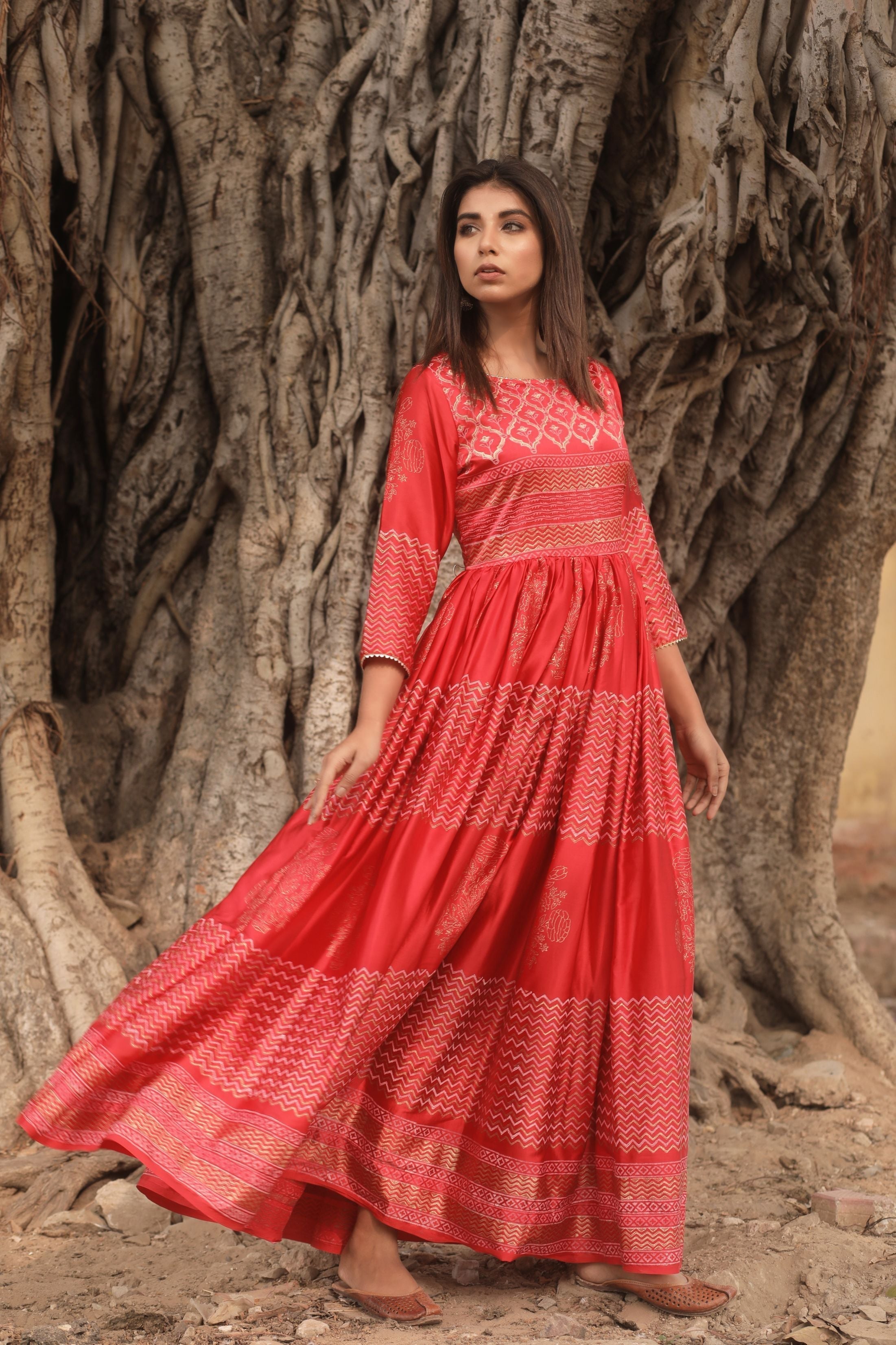 Women's Red Handblock Printed Gown - Saras The Label