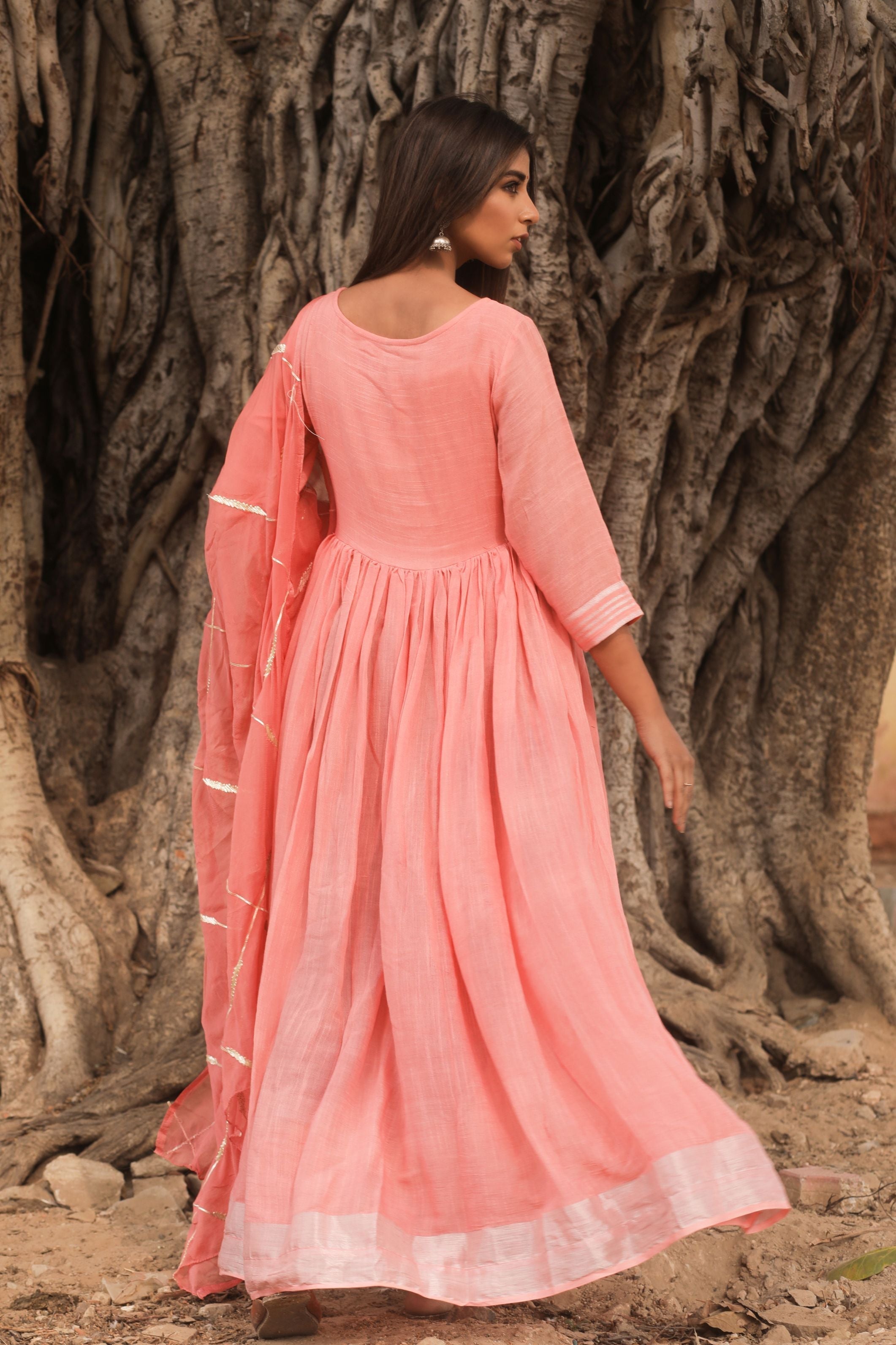 Women's Peach Hand Gota Work Gown With Dupatta - Saras The Label