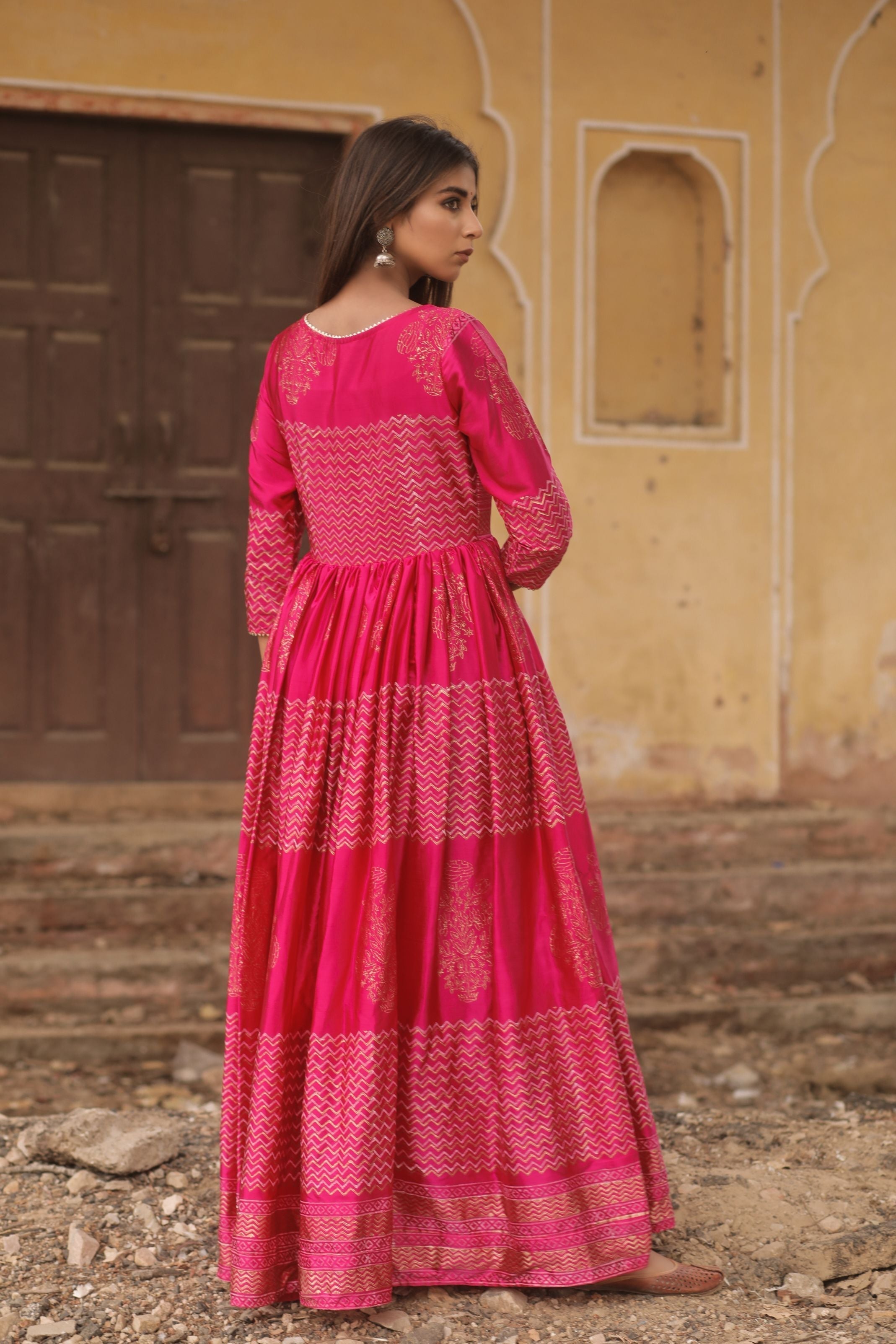 Women's Pink Handblock Printed Gown - Saras The Label