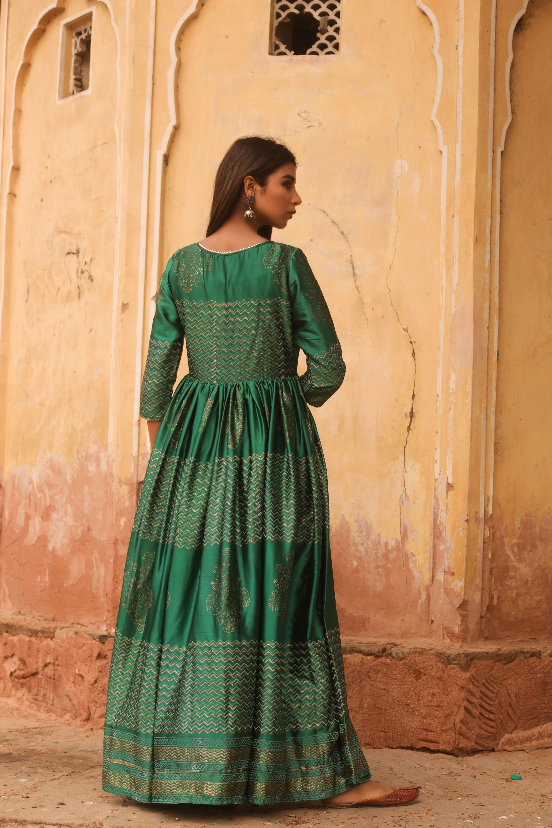 Women's Green Handblock Printed Gown - Saras The Label
