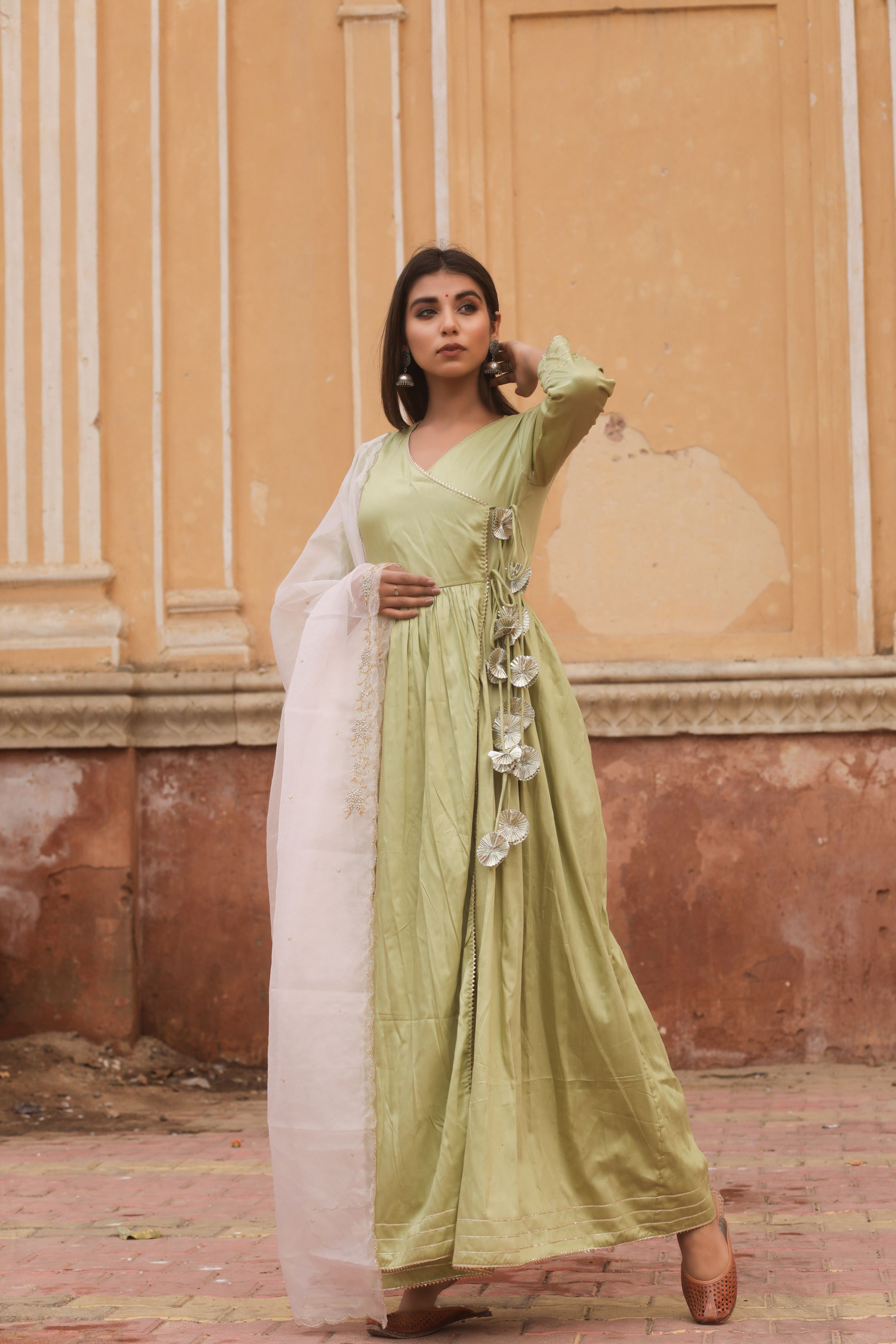 Women's Olive Green Jam Silk Gown With Dupatta - Saras The Label