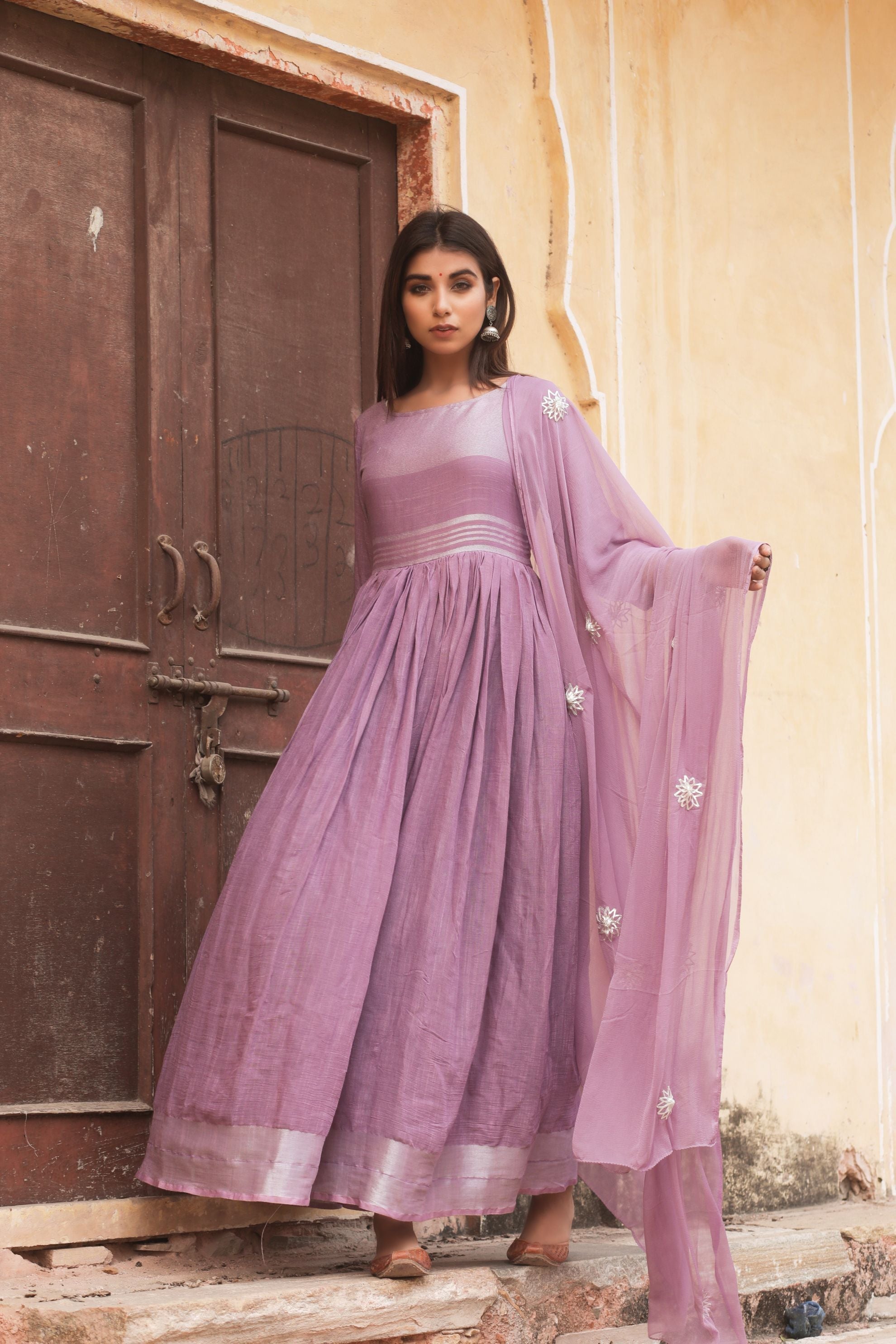 Women's Purple Hand Gota Work Gown With Dupatta - Saras The Label