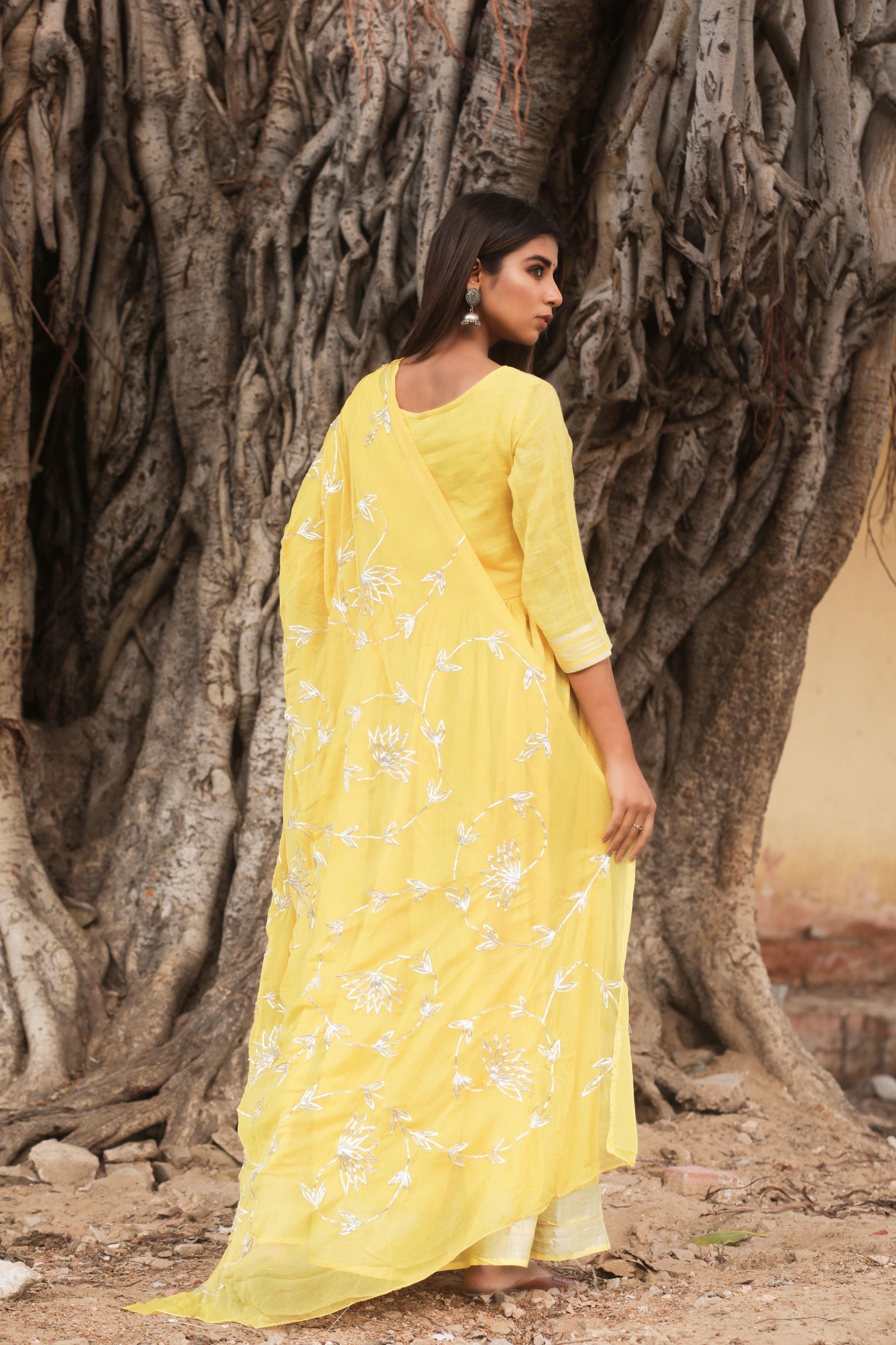 Women's Yellow Hand Gota Work Gown With Dupatta - Saras The Label