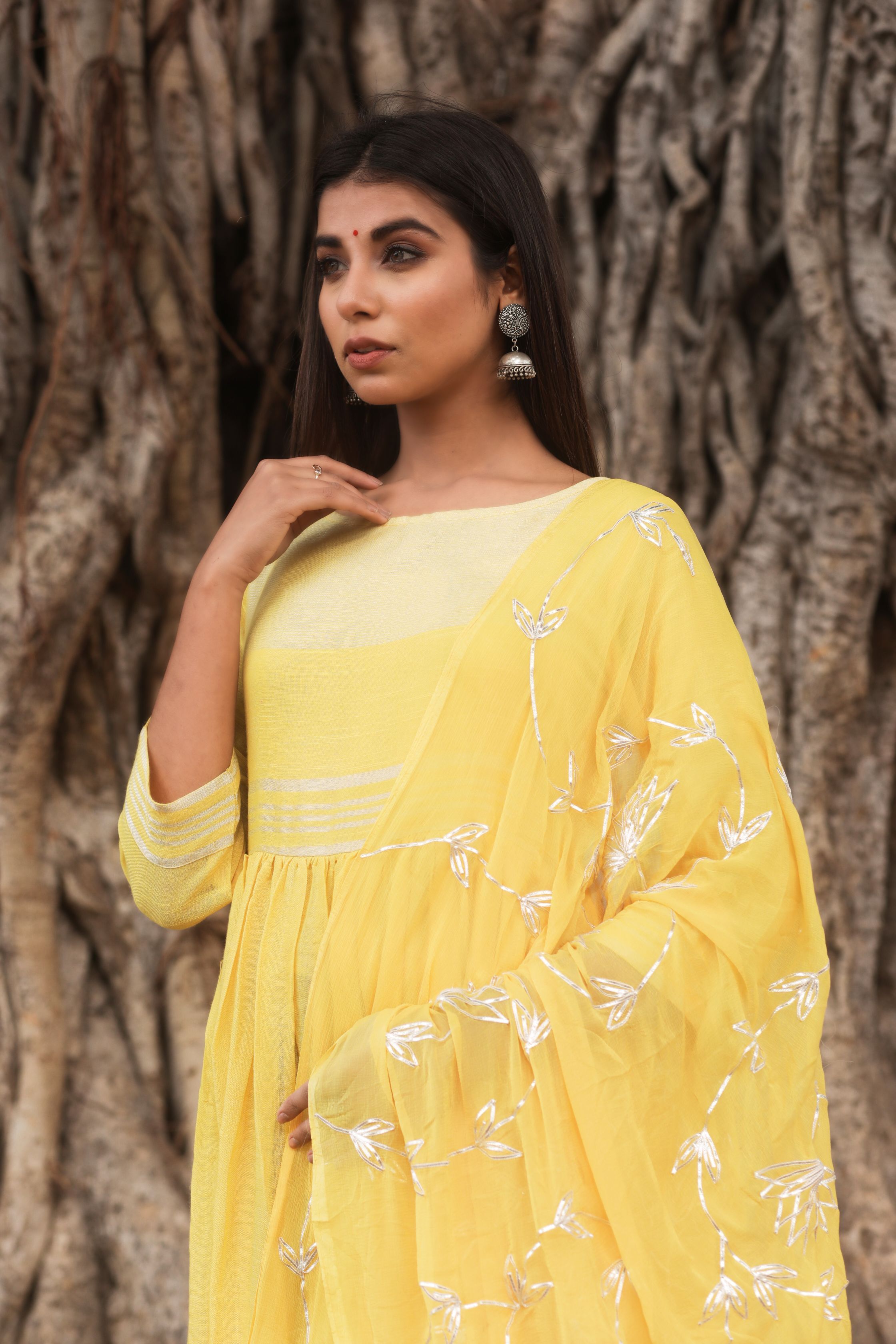 Women's Yellow Hand Gota Work Gown With Dupatta - Saras The Label